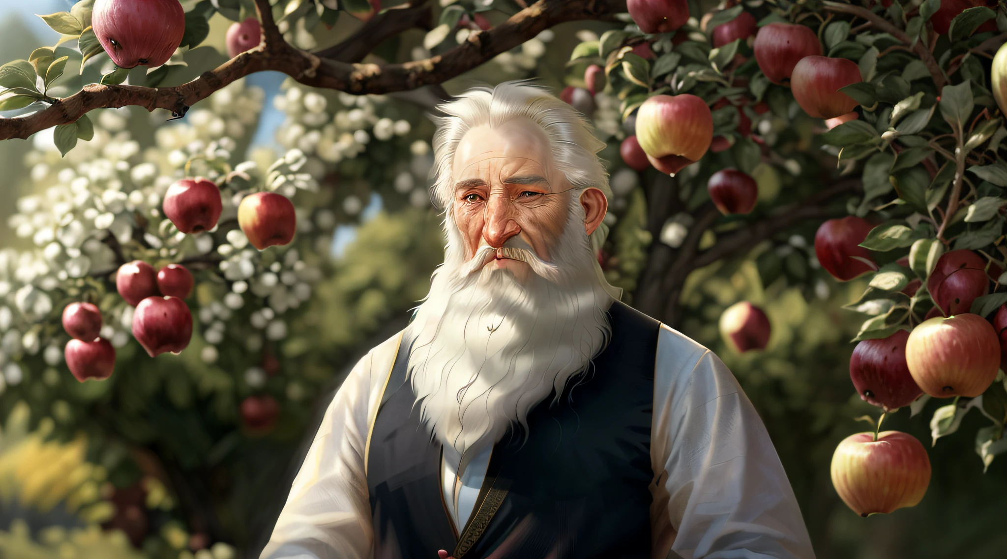 arafed man with a long white beard standing in front of a tree with apples, long white beard, full white beard, long white hair and white beard, neat white beard and hair, white hair and white beard, white beard, by Alexander Kucharsky, very long white beard and hair, bushy white beard, relaxed dwarf with white hair, paul barson