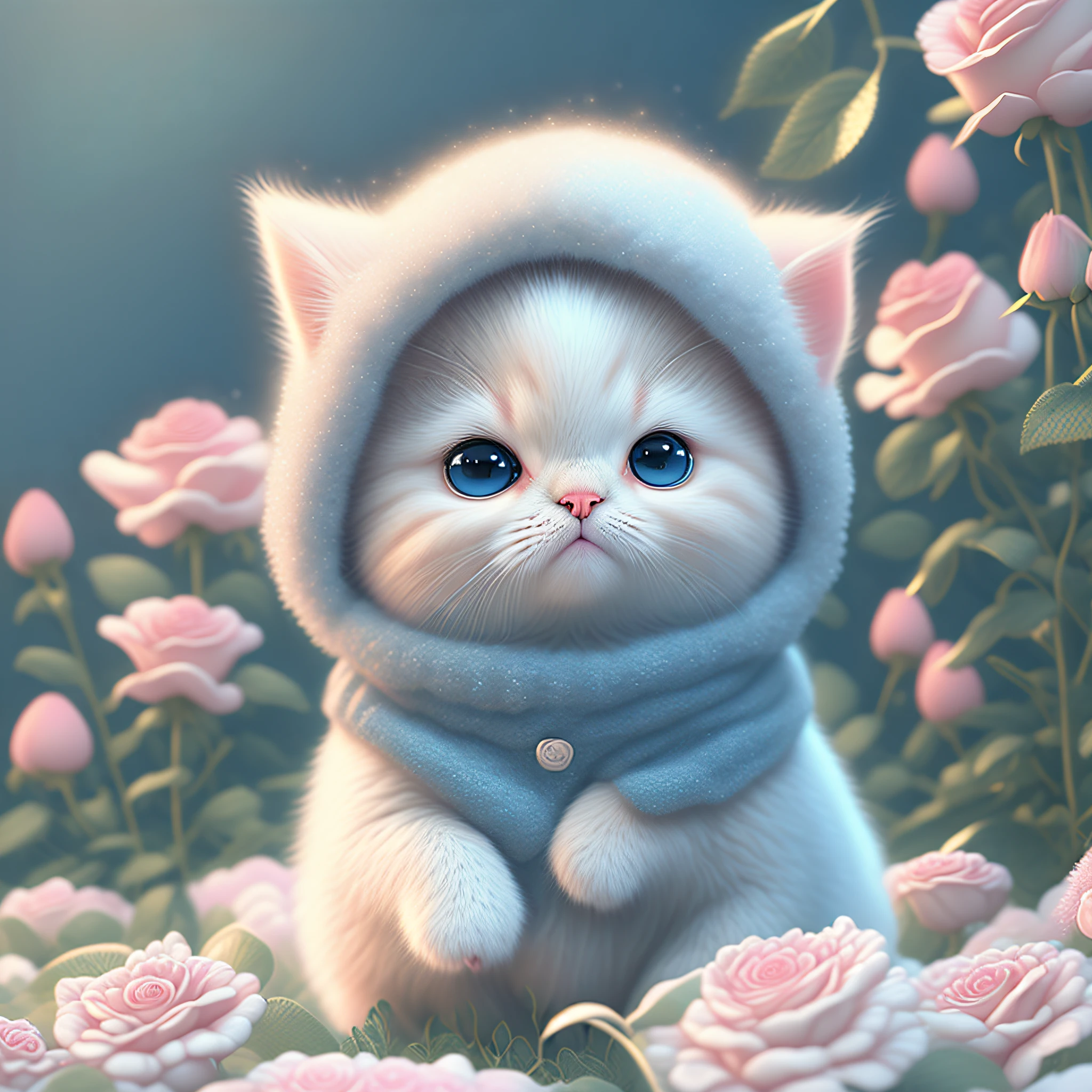 In this ultra-detailed CG art, the adorable kitten surrounded by ethereal roses, best quality, high resolution, intricate details, fantasy, cute animals