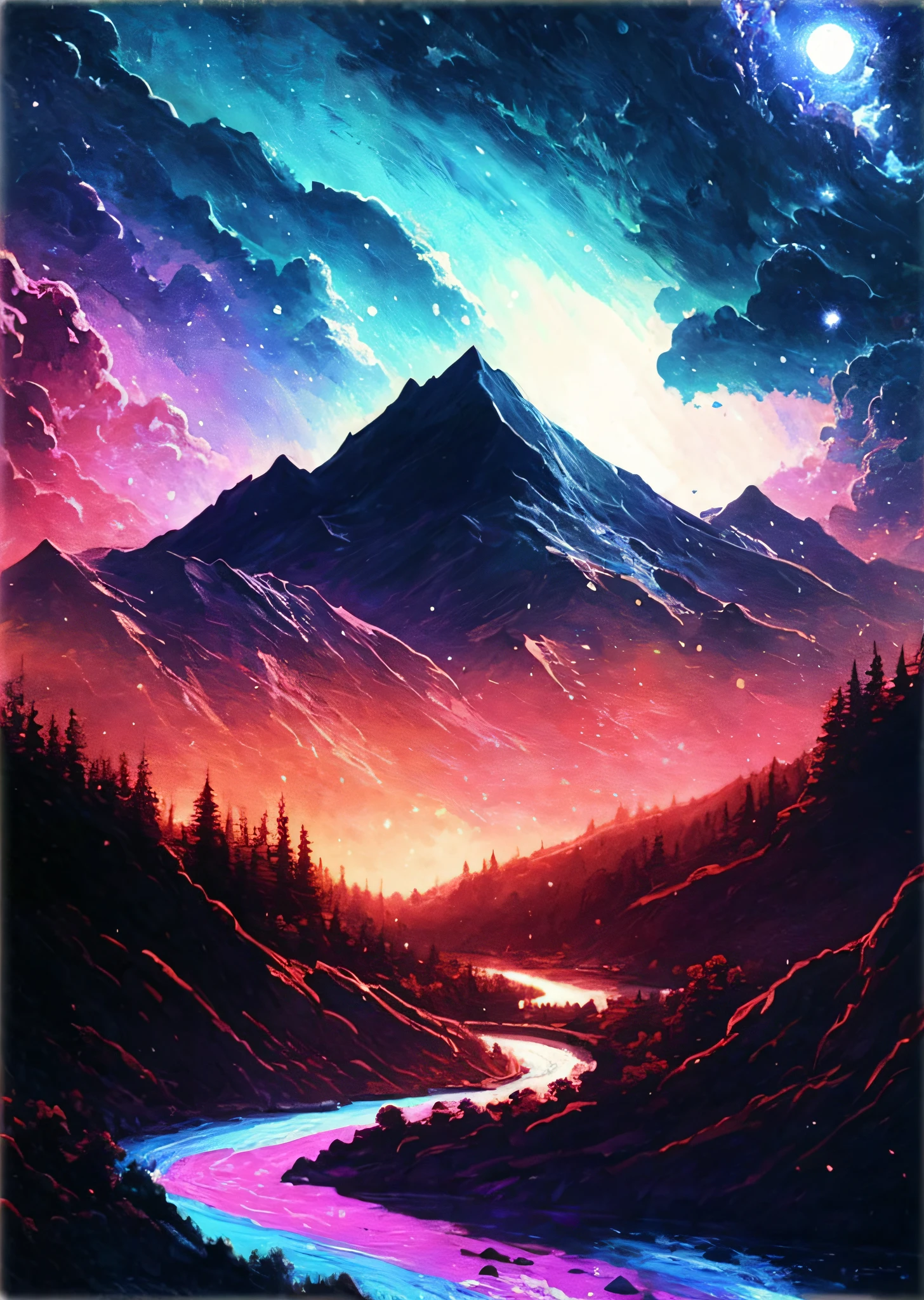 a painting of a mountain with a river in the foreground, dan mumford and albert bierstadt, dan mumford paint, in the style dan mumford artwork, inspired by Dan Mumford, anton fadeev and dan mumford, el bosco and dan mumford, painting by dan mumford, in the art style of dan mumford, dan mumford and thomas kinkade