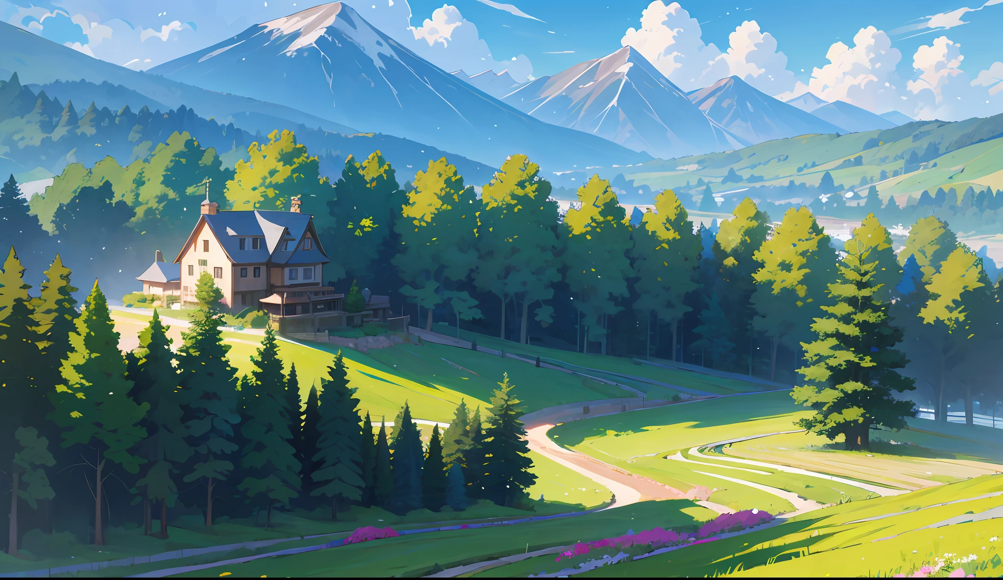 chibi style scenery with mountains and blue sky, sunny day, green grass, flowers, trees, houses, anime style, ultra realistic, masterpiece, super detailed, 4k, wide view, beautiful landscape, disney style, cartton, very colorful, kawaii, cute --auto --s2