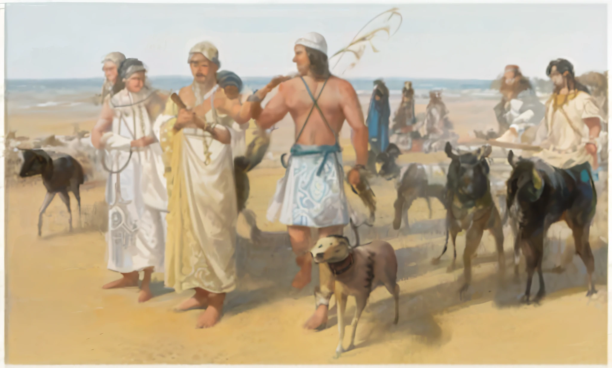 painting of a group of people and animals walking on a beach, ancient tribe, by George B. Bridgman, by Abraham Begeyn, hystorical painting, historical painting, ancient slavs, historical artistic depiction, by Ernst, biblical painting, epic biblical depiction, by Joseph Henderson, biblical art, biblical clothing, biblical art style, painting of goliath