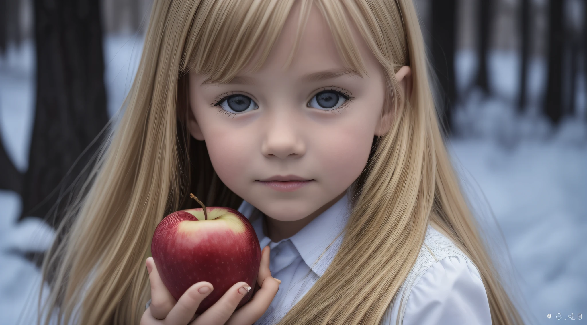 There is a BLONDE girl holding two apples in her hands, eating rotten fruit, holding an apple, with apple, apples, girl wearing uniform, children, photo bank, children, red apples, snow white portrait, wearing school uniform, wearing a school uniform, one holds apple in hand, 3/4 see portrait, children, bank image --auto --s2
