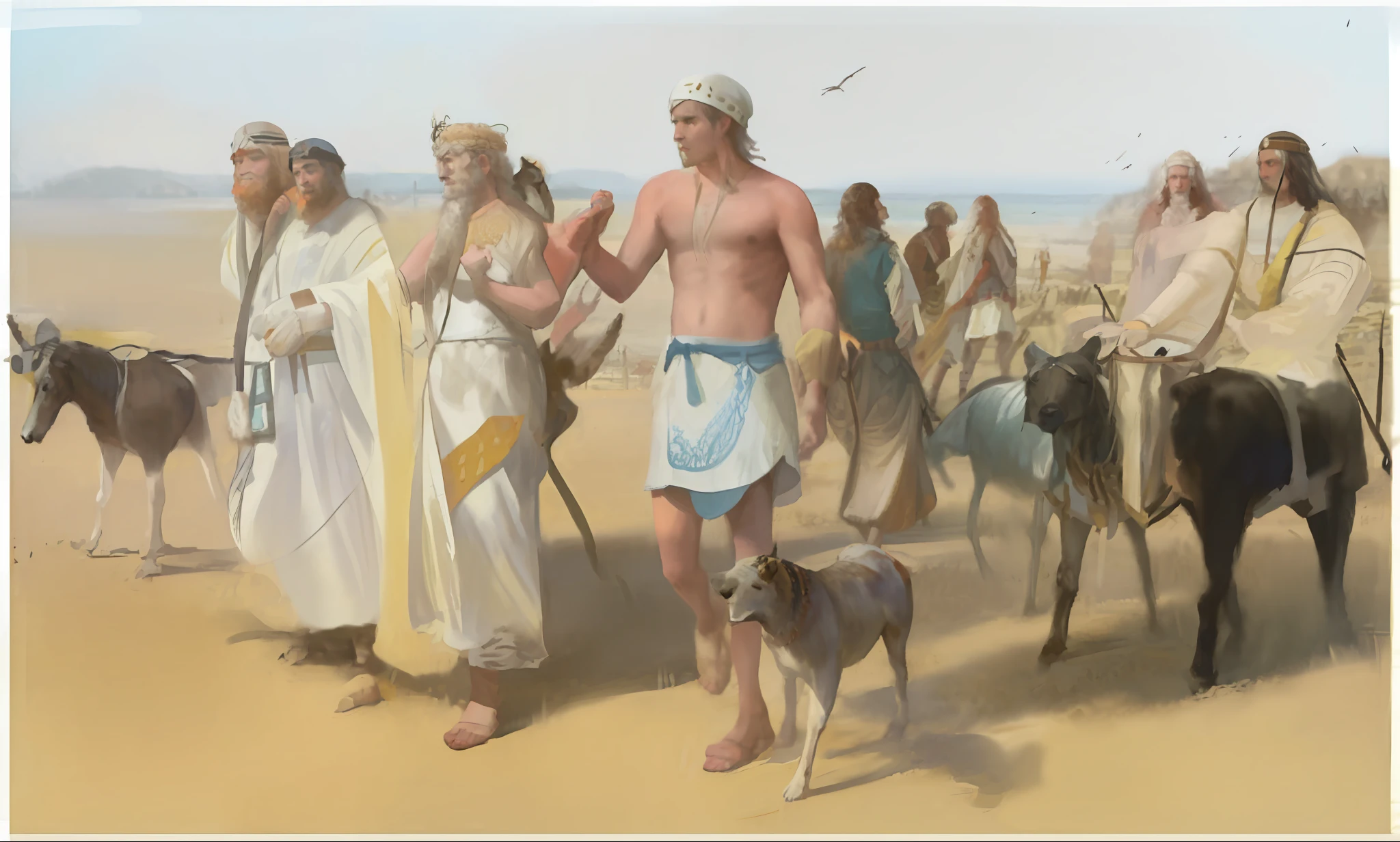 painting of a group of people and animals walking on a beach, ancient tribe, by George B. Bridgman, by Abraham Begeyn, hystorical painting, historical painting, ancient slavs, historical artistic depiction, by Ernst, biblical painting, epic biblical depiction, by Joseph Henderson, biblical art, biblical clothing, biblical art style, painting of goliath