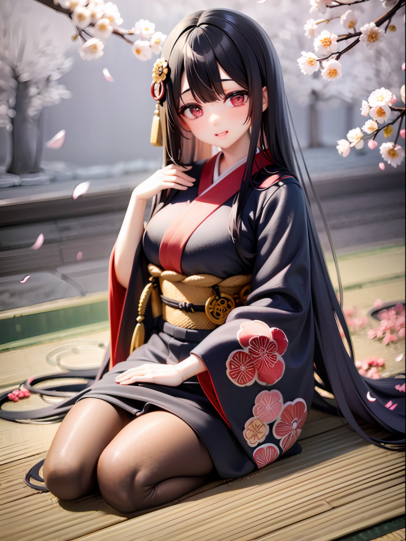 Japan doll, figure, black hair, straight hair, long hair, beautiful hair, red eyes, beautiful eyes, cute face, whole body, kimono, bangs, cherry blossoms, tatami mats、超高画質、異次元のクオリティ