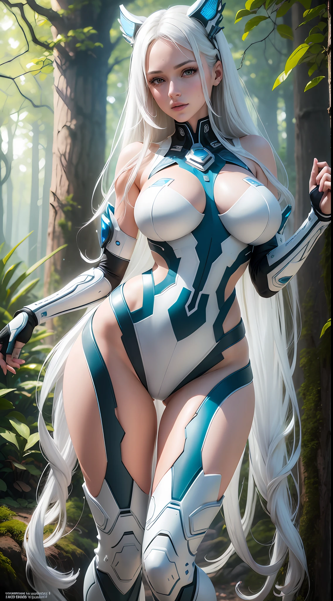 white woman in nature, only in white bra and panties with blue tech details, long hair and eyes, body regions with tech parts, predominant white color, futuristic, technology, background with trees, and blue bobbers, intricately detailed, fine details , detailed body, sexy body, hyper detailed, full body, soft diffused lighting, depth of field, full body, intricate, high detail, sharp focus, full body + ultra, realistic, detailed face, ultra realistic details, cinematic Clear Light style + full body, 8k, rendering, ultra detailed, light side, sunlight beauty, clear light, 3d --auto --s2