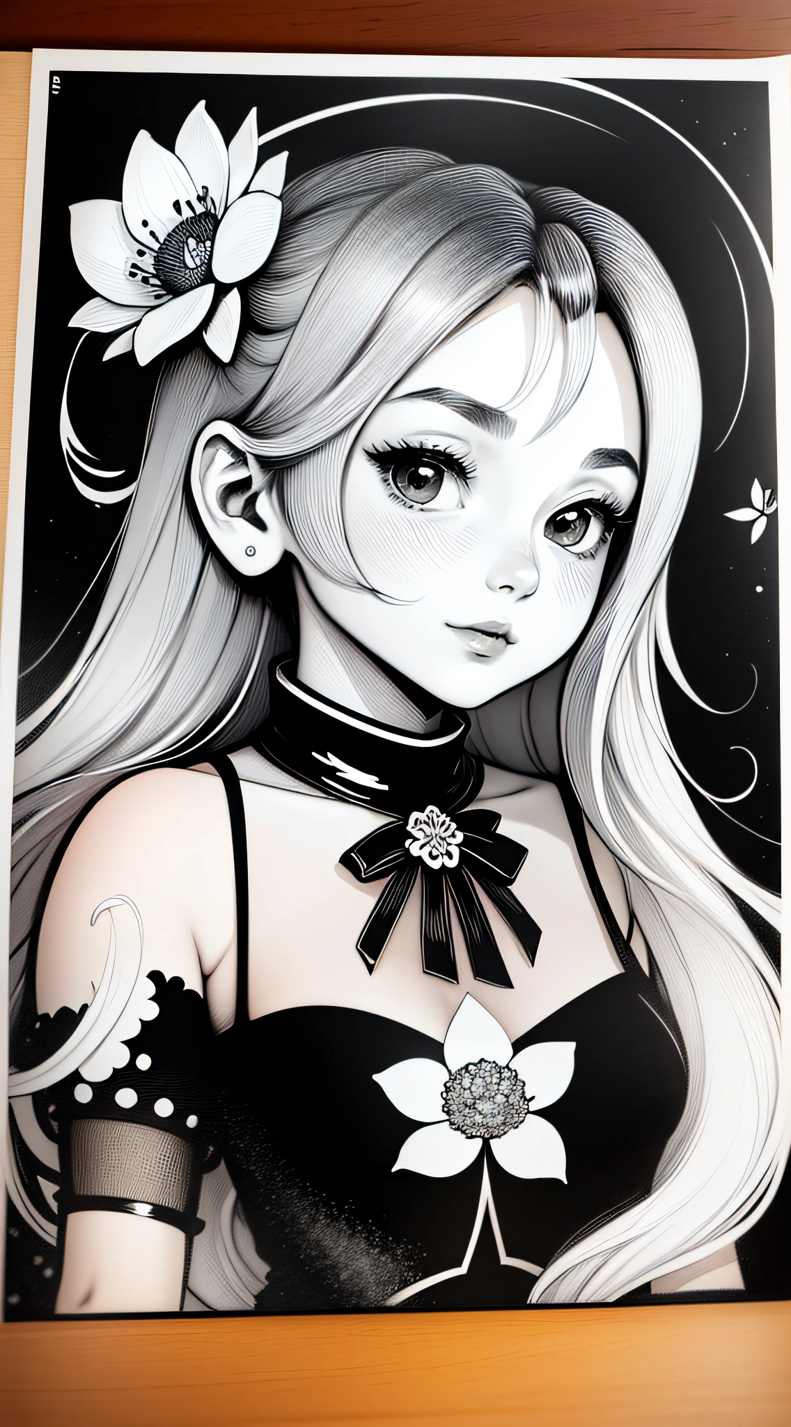 Black and white stick figure girl with lotus flower in background, loli in dress with flowers, its fine ink line art, comic style, portrait of magical Lolita girl, beautiful line art, black and white comic style, manga style, manga art style, pencil and ink caricature drawing, black and white coloring --auto --s2