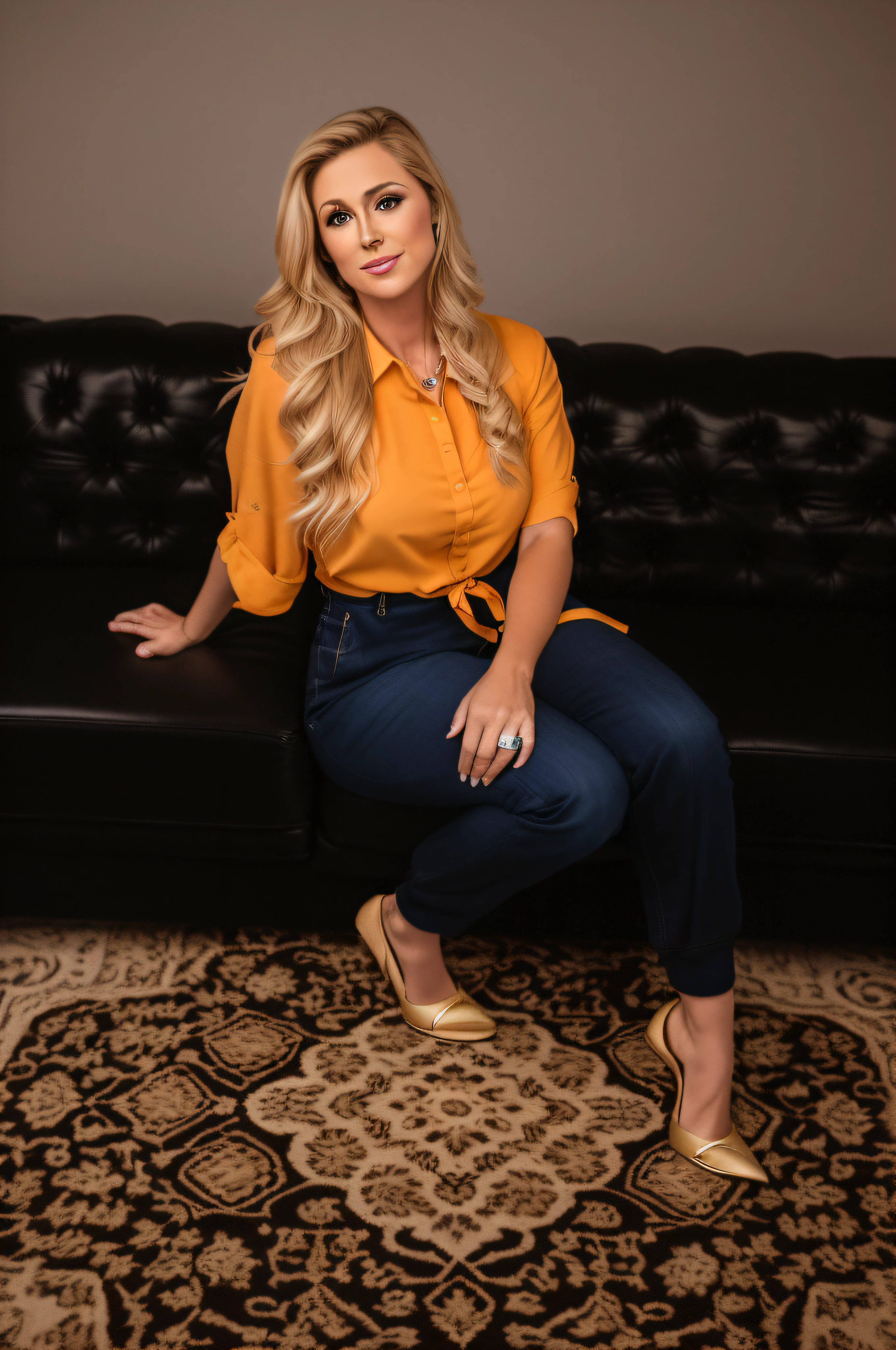 blonde woman sitting on a black couch in a living room, sitting on the couch, sitting on couch, brandi love, golden blue outfit, wearing elegant casual clothes, outfit photograph, on a couch, casual pose, sitting on a couch, relaxing on the couch, mid shot portrait, cory chase, full body portrait shot, sitting on the sofa, sitting in a lounge --auto --s2