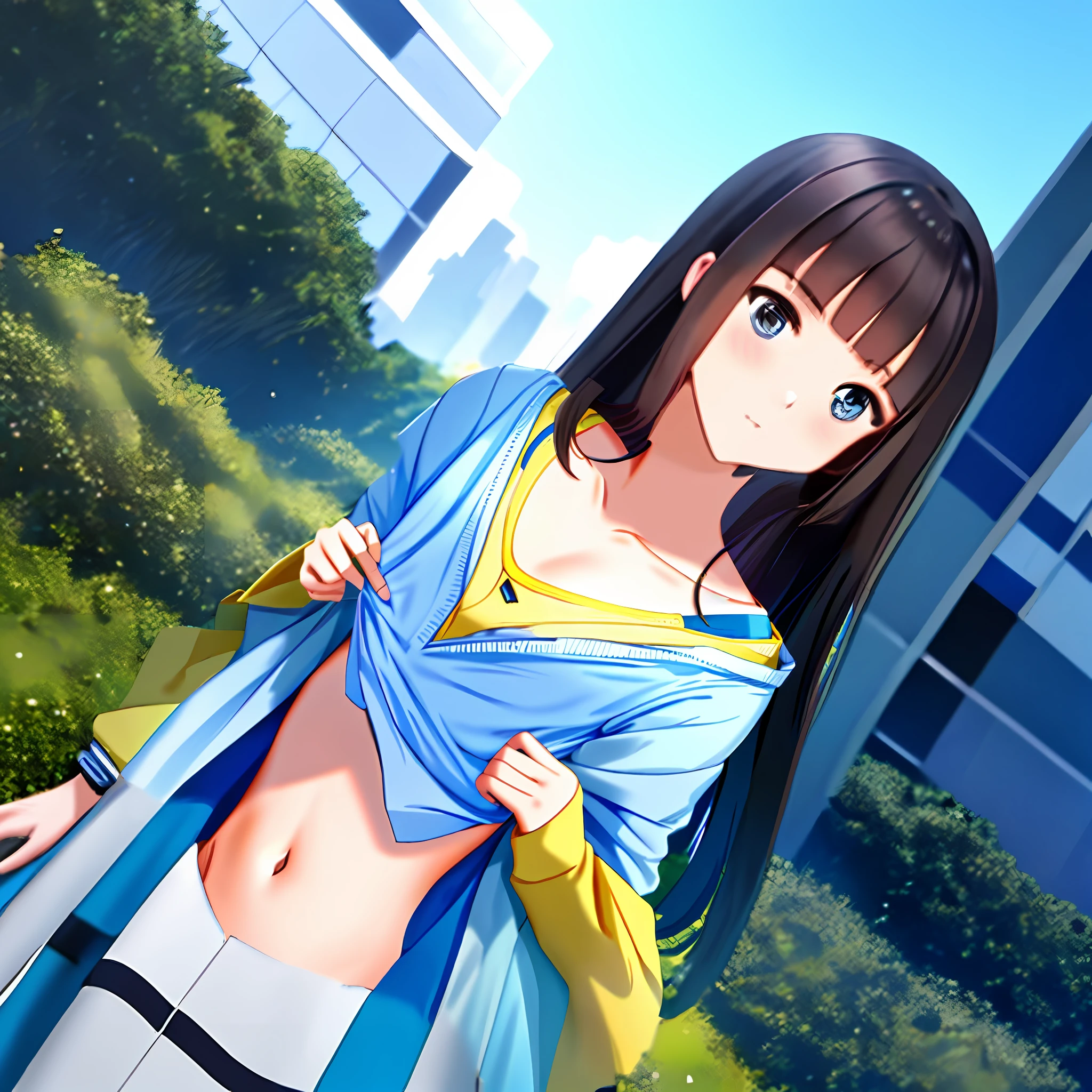 Yellow underwear Blue shirt chest open