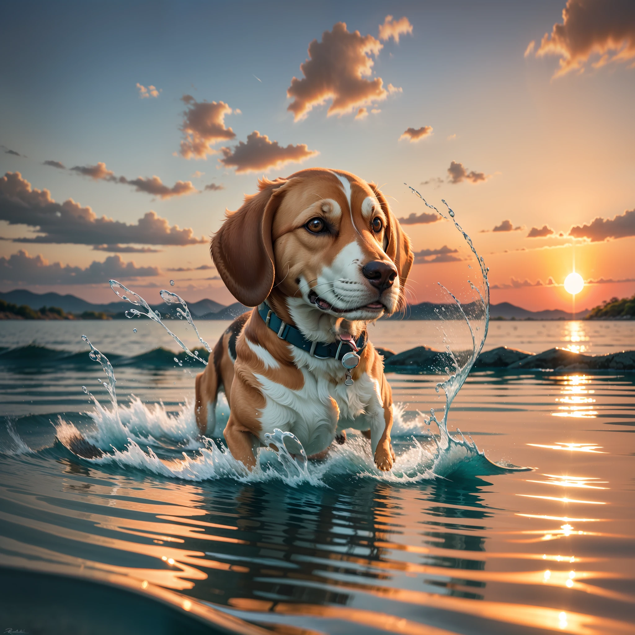 Beagle Harrier swimming in a landscape pool of clear and transparent water sunset ultra realistic photo 4k