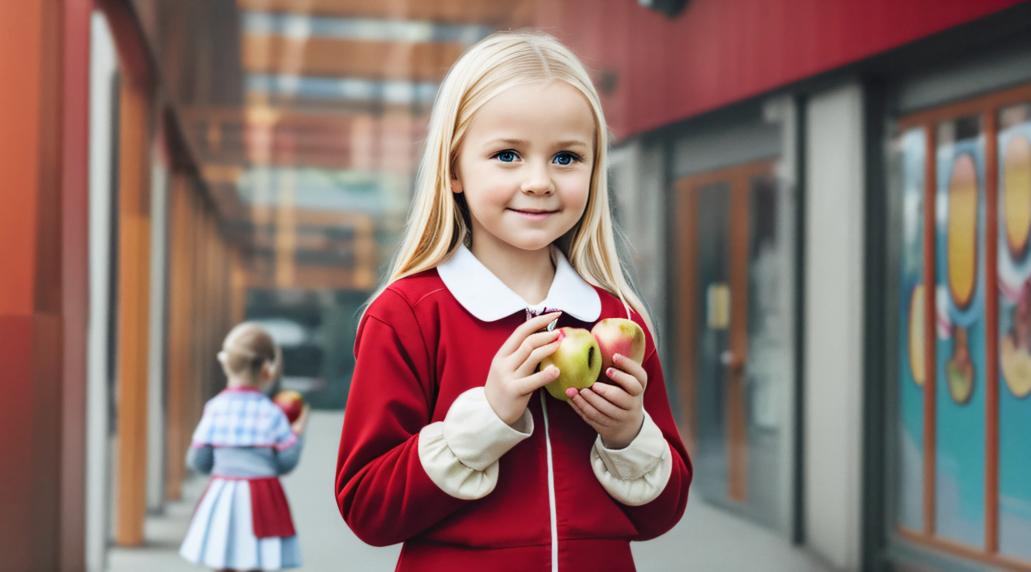 There is a BLONDE girl holding two apples in her hands, eating rotten fruit, holding an apple, with apple, apples, girl wearing uniform, children, photo bank, children, red apples, snow white portrait, wearing school uniform, wearing a school uniform, one holds apple in hand, 3/4 see portrait, children, bank image --auto --s2