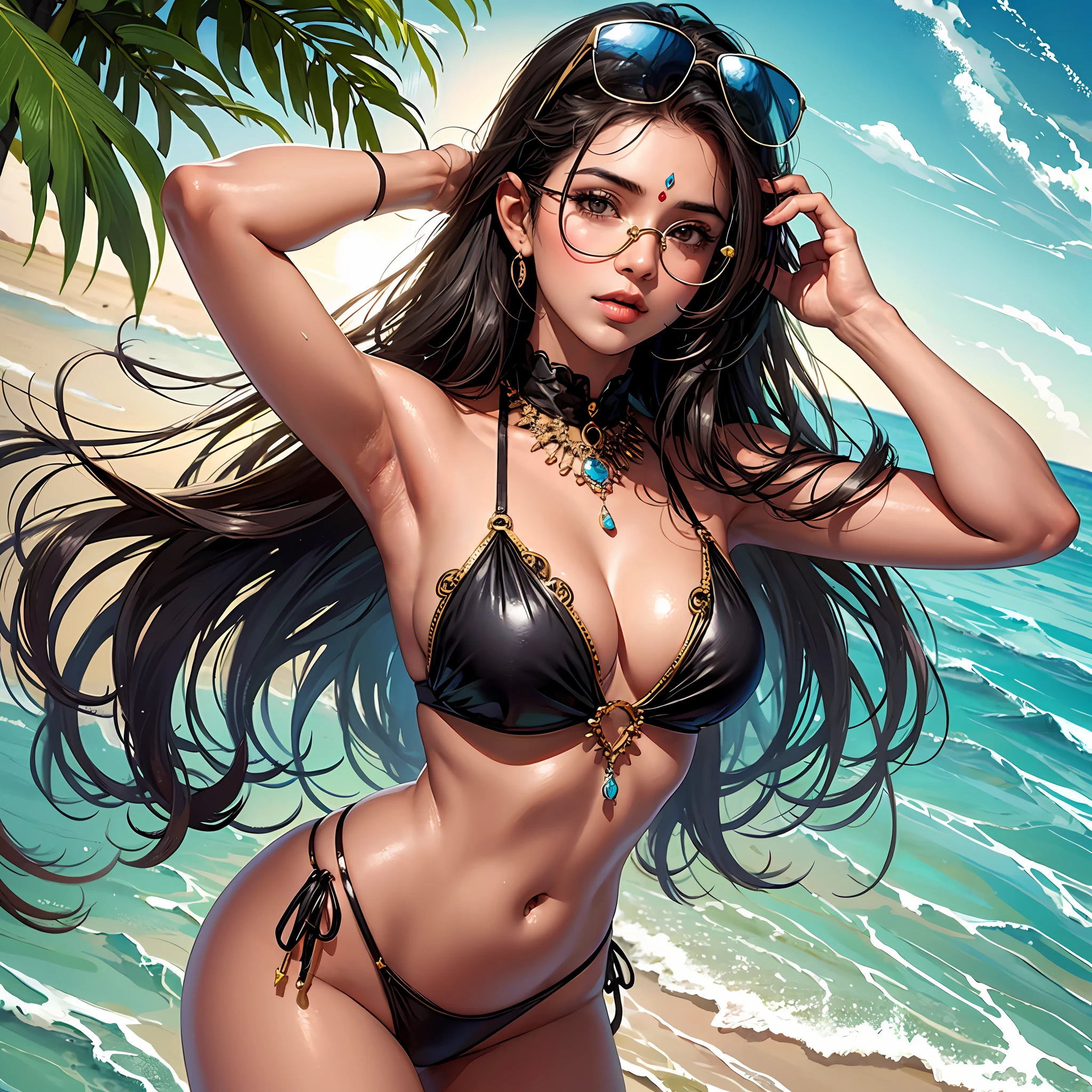 Sexy body Indian girl in beach, look, lips hot, sunglass on head, --auto --s2