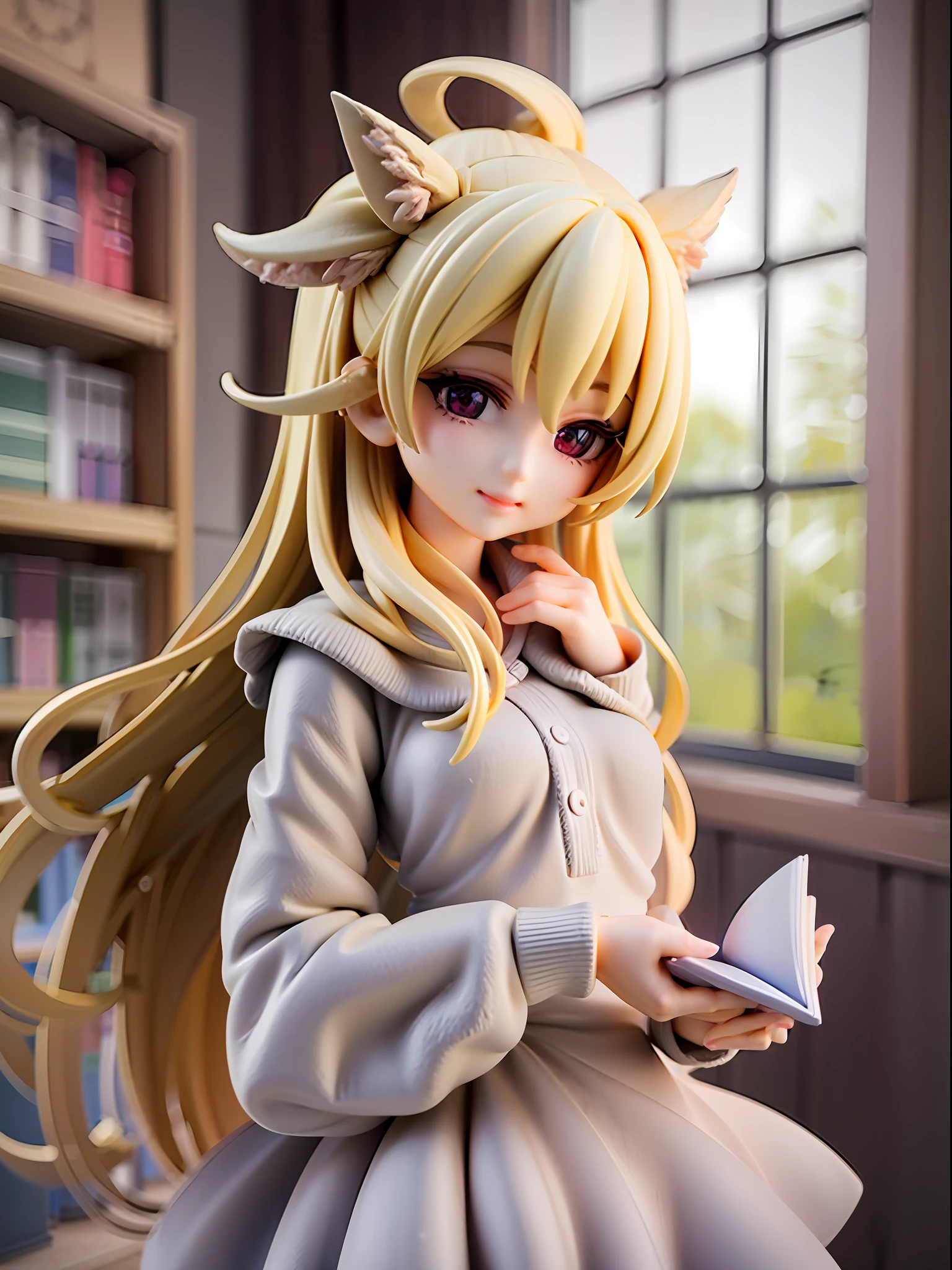 Girl, cute like an angel, with four angel wings, white dress, library, reading, magic book, otherworldly library, atmosphere full of magic, super high quality, figures、魔法陣、触手、