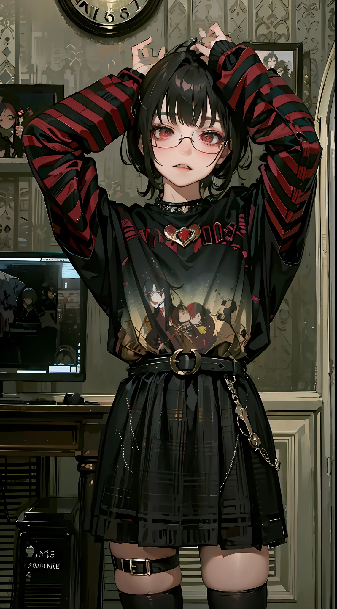 (masterpiece), extravagantly detailed, 8k, expressionist eyes, anime girl, sweatshirt, skirt, dark brown hair, pale red eyes, (vampire, fangs), glasses, goth, emo aesthetic