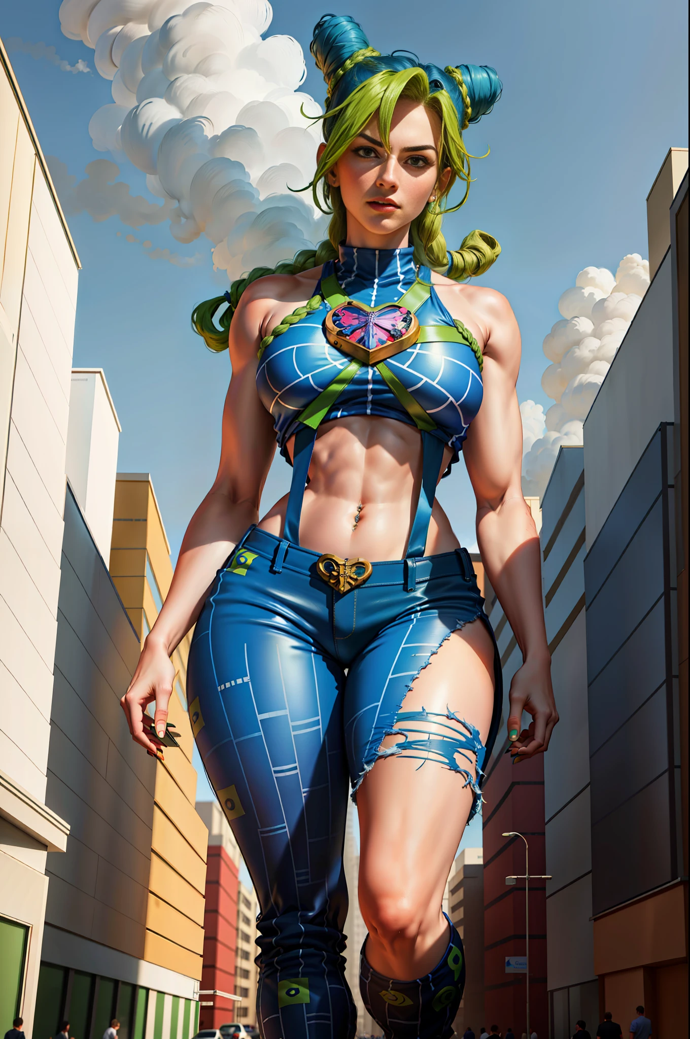 masterpiece, best quality, 1girl, solo, giant, giant, (((towering over you)))), (full body), 1girl, jolynejojo, half body, digital art, masterpiece, green and blue hair, cropped, sleeveless, wearing pants