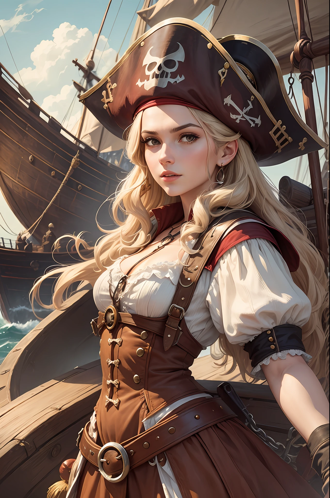 a female pirate aboard a vintage pirate ship
