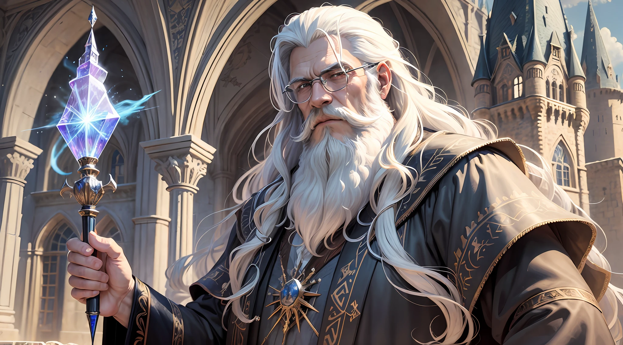 Artwork, (masterpiece), fantastic realism medieval castle in the background, wizard man, using beautiful magic wand detailed and with crystal tip, wizard with white beard, white hair and curly and fulfilled, black wolf, very detailed and hairy. --auto --s2