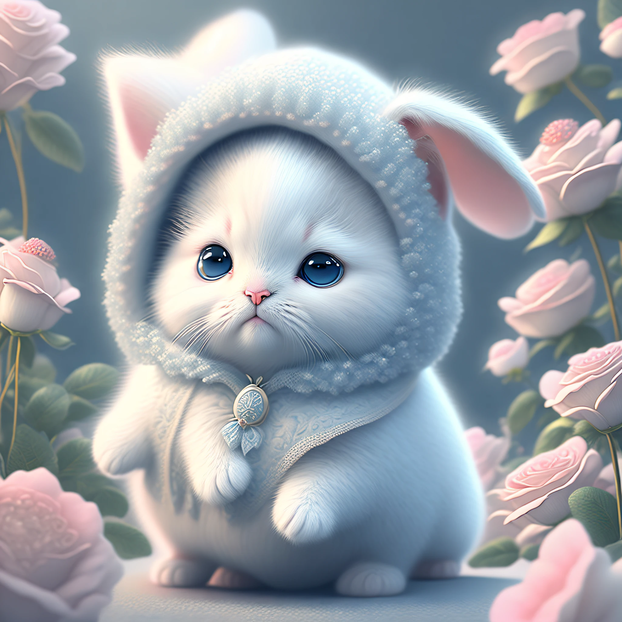 In this ultra-detailed CG art, the adorable kitten surrounded by ethereal roses, best quality, high resolution, intricate details, fantasy, cute animals, smile rabbit