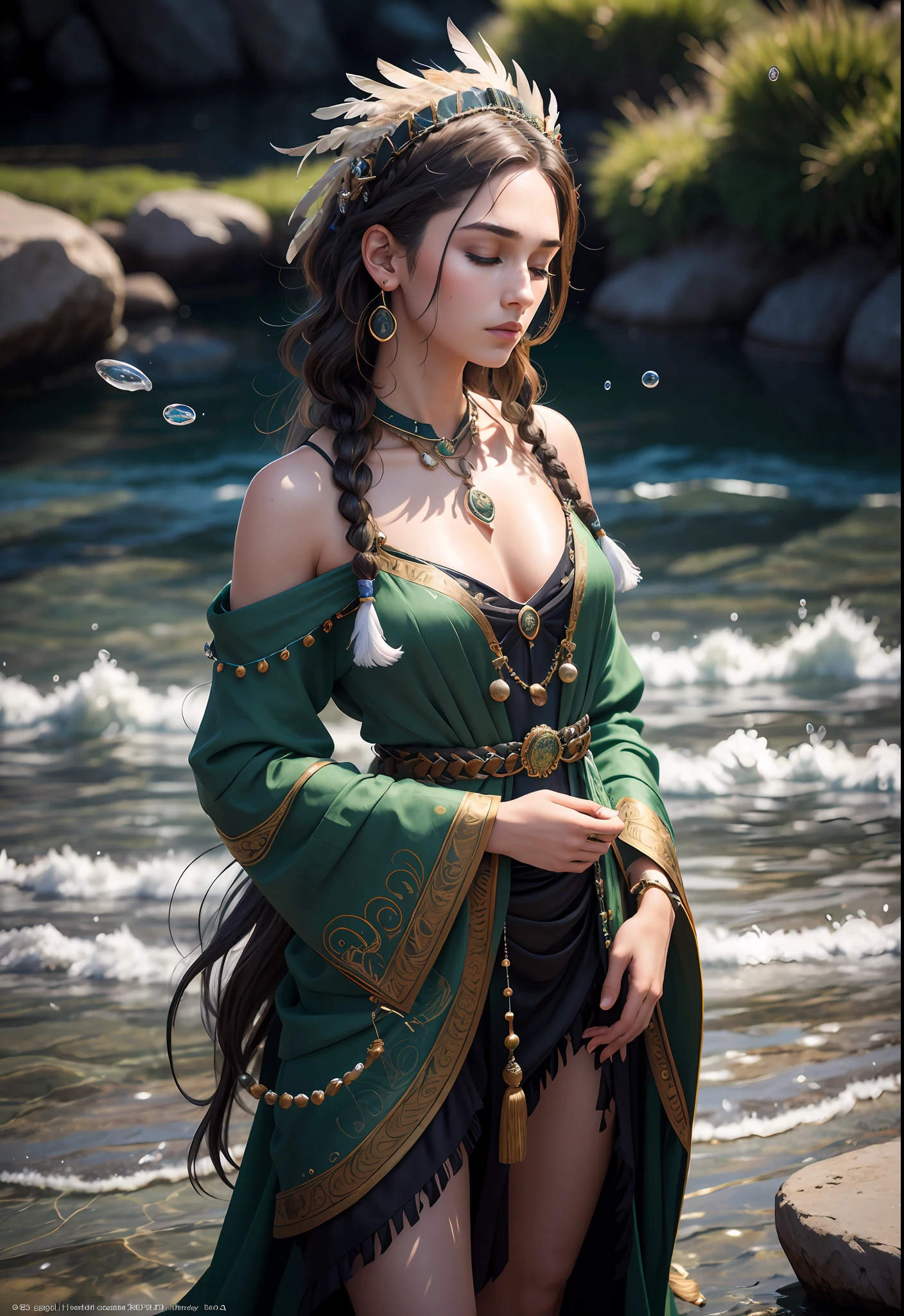 male, fashion shoot, (full portrait), (half), solo, detailed background, detailed face, (stonepunkAI, stone theme:1.1), wise, (beautiful hair, braid: 0.2), shaman, septum harsh, mysterious, (gorgeous face), stunning, head tilted up, (eyes closed, calm expression), calm, meditation, sea bubble green worn clothes, rosary, tribal ornaments, Feathers on hair, headdress: 0.33, emerald, obsidian, detailed clothes, realistic skin texture, (floating particles, water swirls, embers, ritual, whirlwind, wind: 1.2), clear focus, volumetric lighting, good highlights, good shadows, subsurface scattering, complex, highly detailed, ((film)), dramatic, (highest quality, award-winning, masterpiece: 1.5), (realism: 1.5),