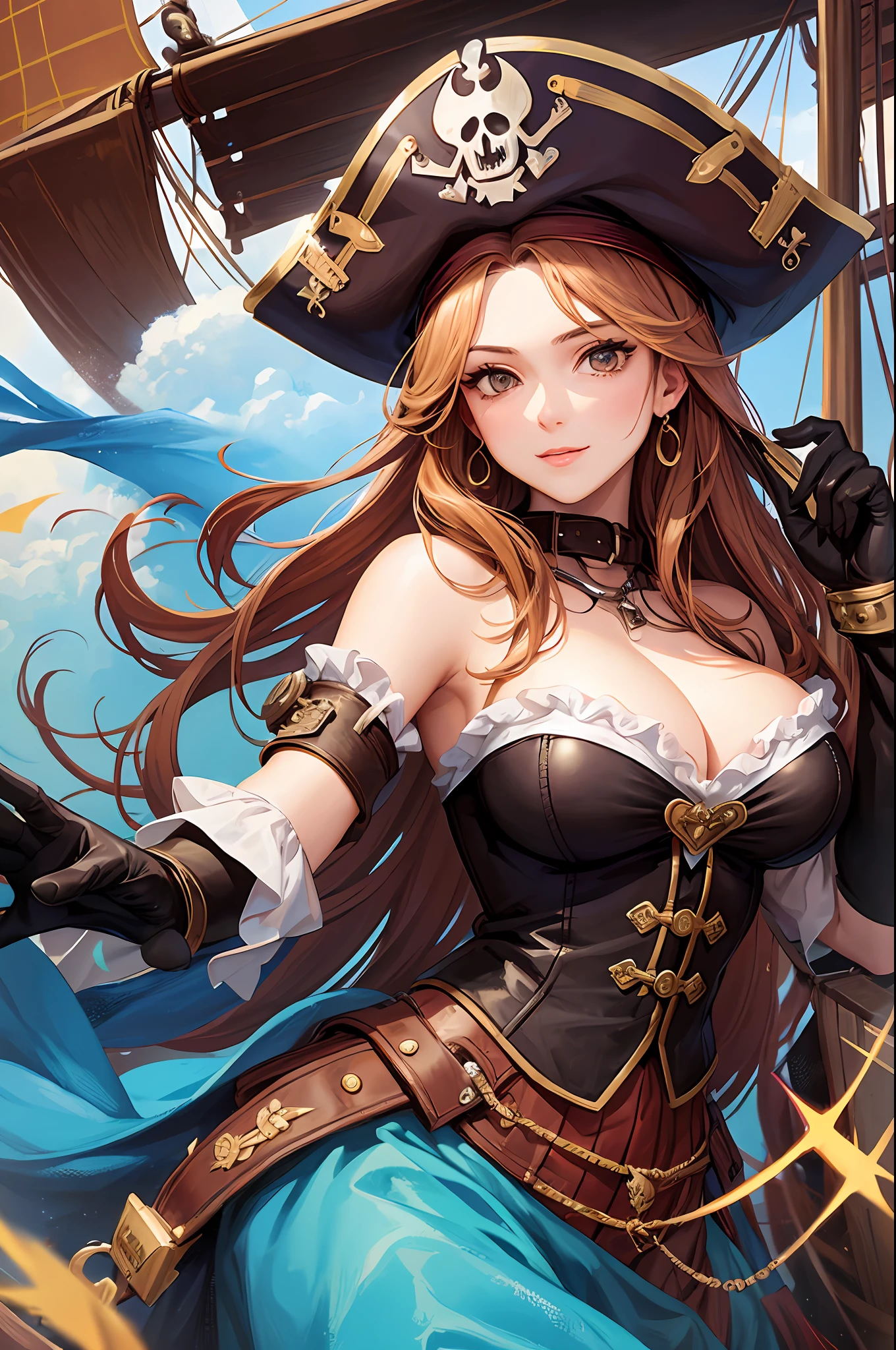 a female pirate aboard a vintage pirate ship