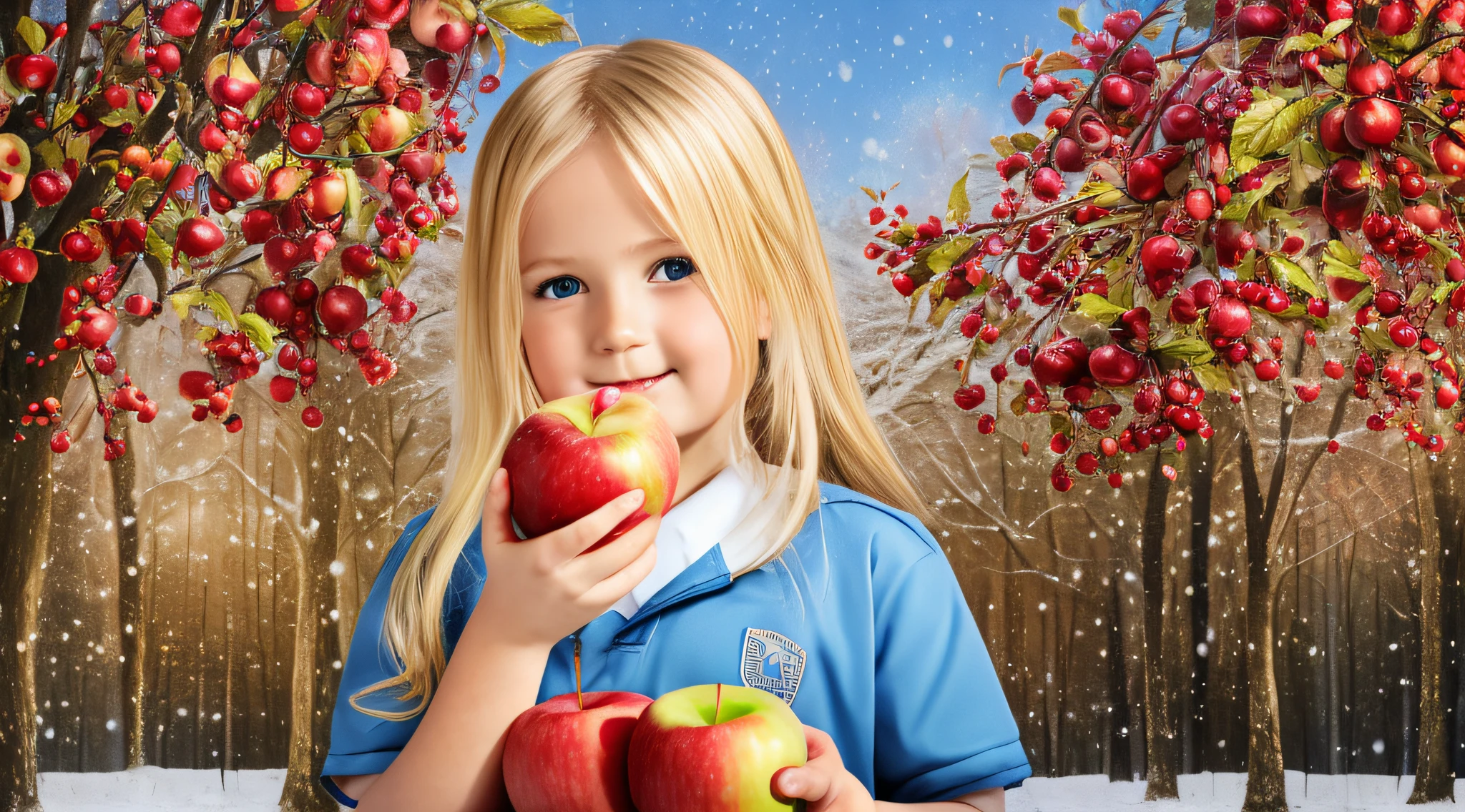 There is a BLONDE girl holding two apples in her hands, eating rotten fruit, holding an apple, with apple, apples, girl wearing uniform, children, photo bank, children, red apples, snow white portrait, wearing school uniform, wearing a school uniform, one holds apple in hand, 3/4 see portrait, children, bank image --auto --s2