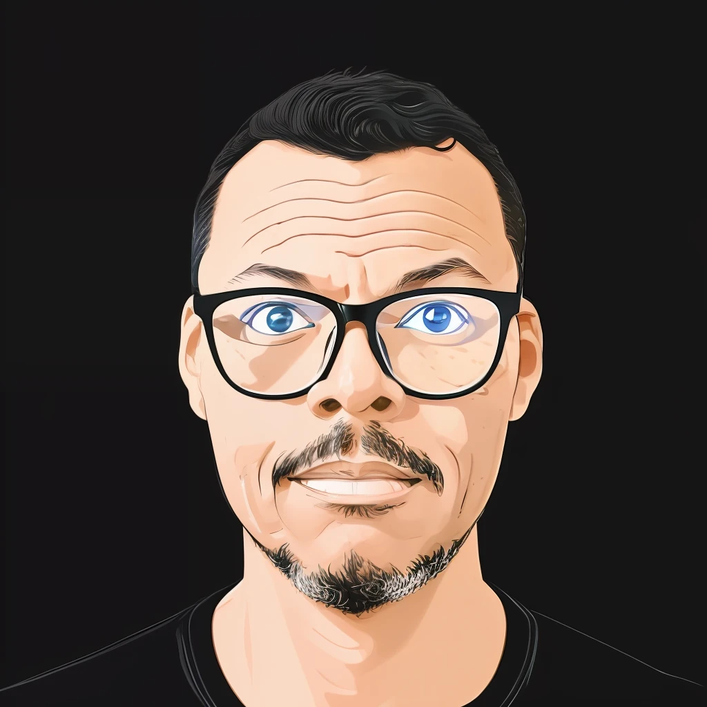 guttonerdvision5, drawing of a man with glasses, front view, looking at the camera, portrait, minimalist, vector, pastel colors, (black background: 1,3)