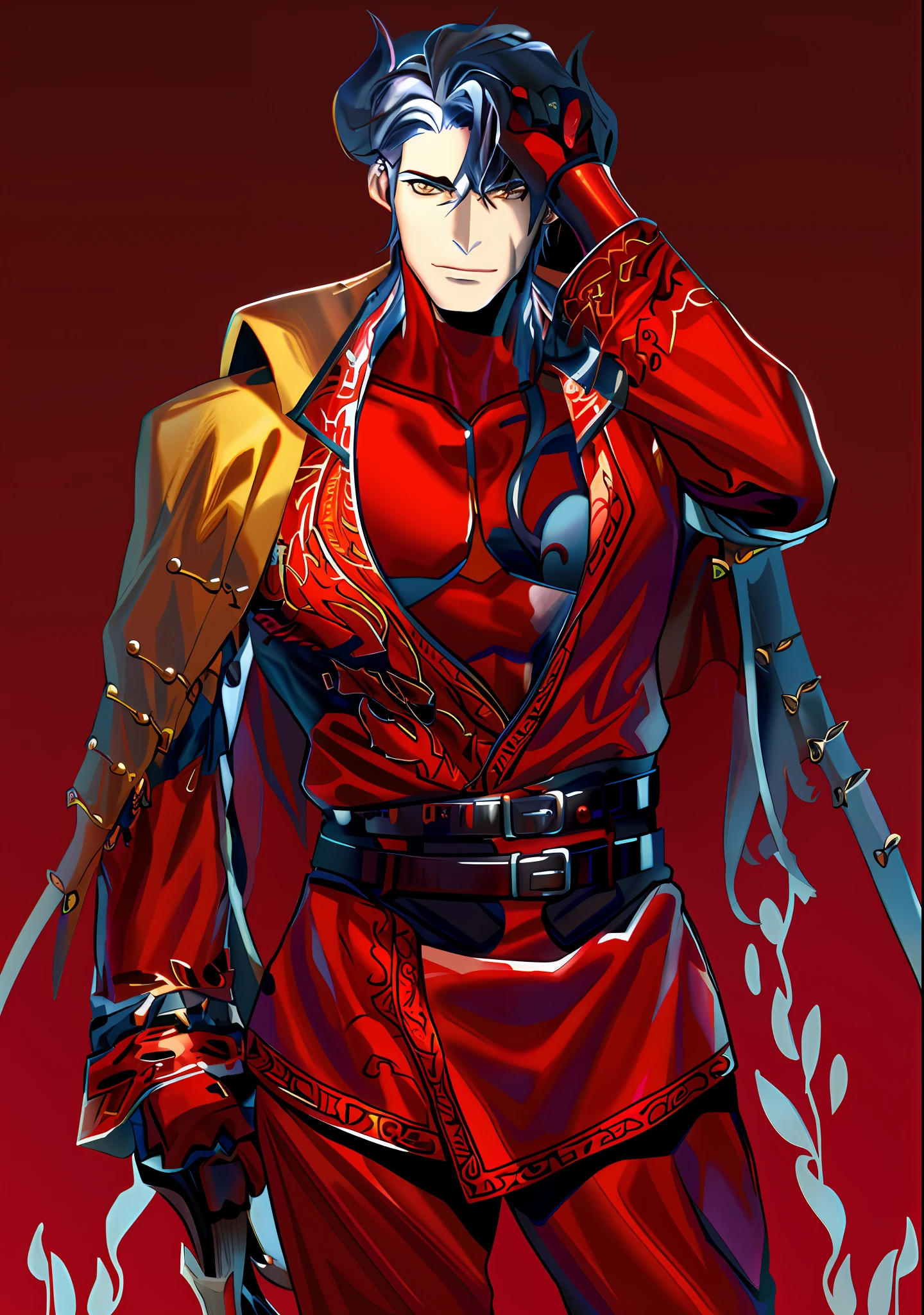 a close up of a man in a red cape with a sword, handsome guy in demon slayer art, character from king of fighters, male anime character, tsurumaki kazuya, as a character in tekken, anime handsome man, handsome anime pose, shigenori soejima illustration, royal attire akira, detailed anime character art