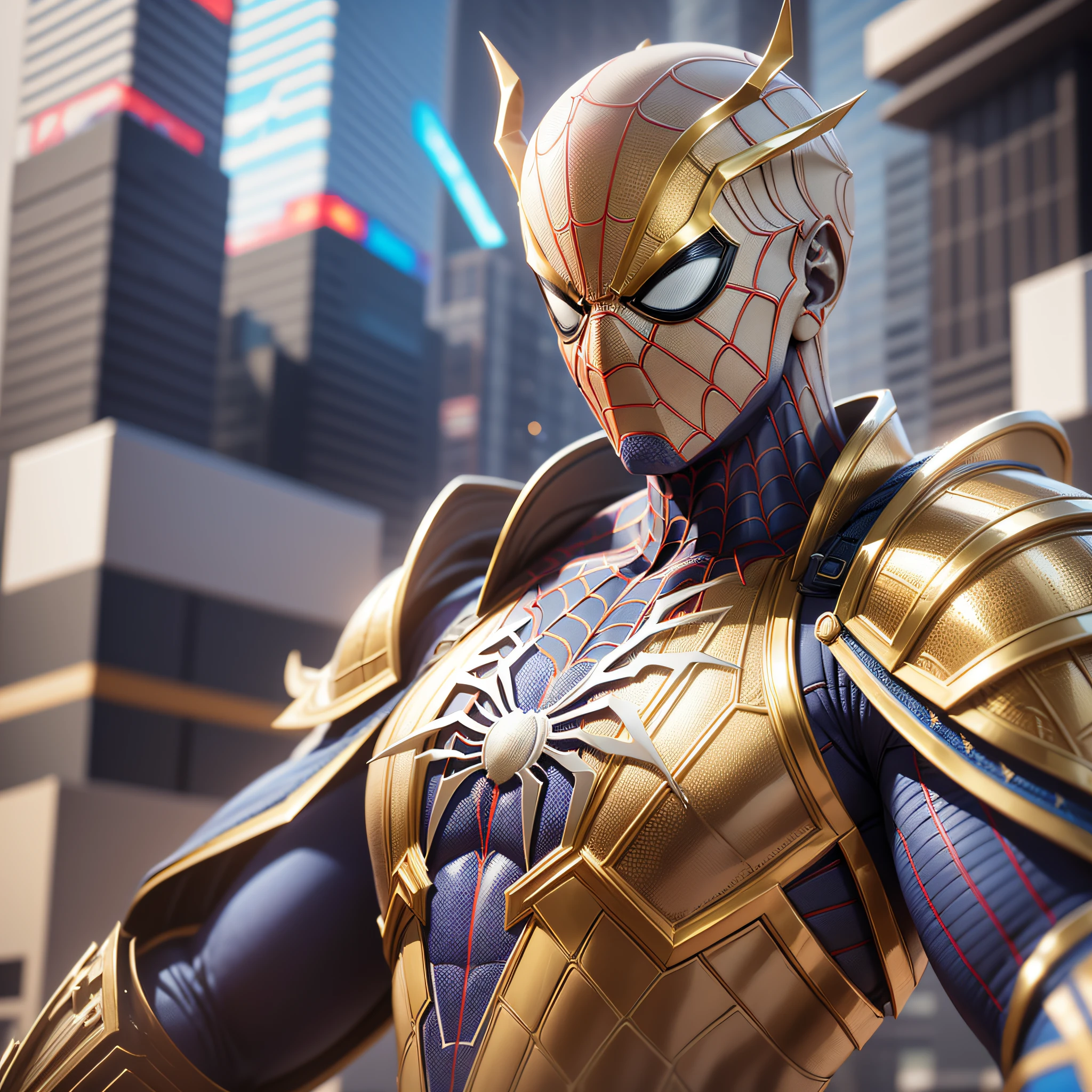 A closeup of a statue of a man with a gold and white costume, super detailed render, 3 D render character art 8 k, intricate white and gold armor, full samurai armor spiderman, iconic character of high detail, 8k render, octane render, "octane render", super detailed octane render, super render in octane render, hyper detailed 3 d render,  Futuristic Spider-Man Style --auto --s2