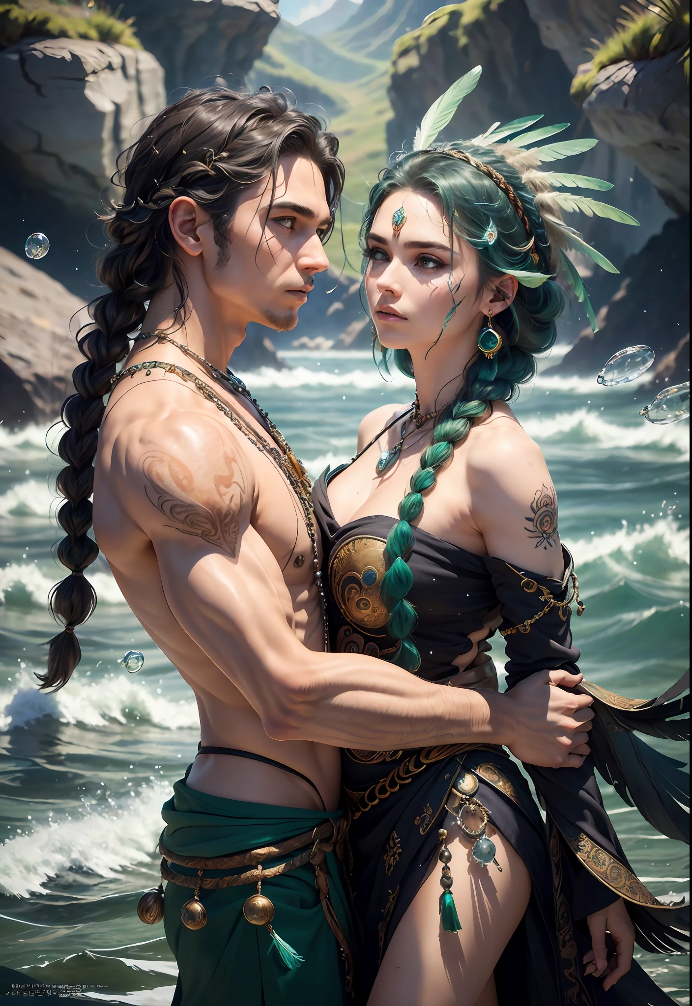 Couple (((male)), fashion shoot, (full portrait), (half), solo, detailed background, detailed face, (stonepunkAI, stone theme:1.1), wise, (beautiful hair, braid: 0.2), shaman, septum harsh, mysterious, (gorgeous face), stunning, head tilted up, (calm expression), calm, intimate , sea bubble green worn clothes, rosary, Tribal ornaments, feathers in hair, headdress: 0.33, emerald, obsidian, detailed clothes, realistic skin texture, (floating particles, water swirls, embers, rituals, whirlwinds, wind: 1.2), clear focus, volumetric lighting, good highlights, good shadows, subsurface scattering,plex, highly detailed, ((film)), dramatic, (highest quality, award-winning, masterpiece: 1.5), (realism: 1.5),