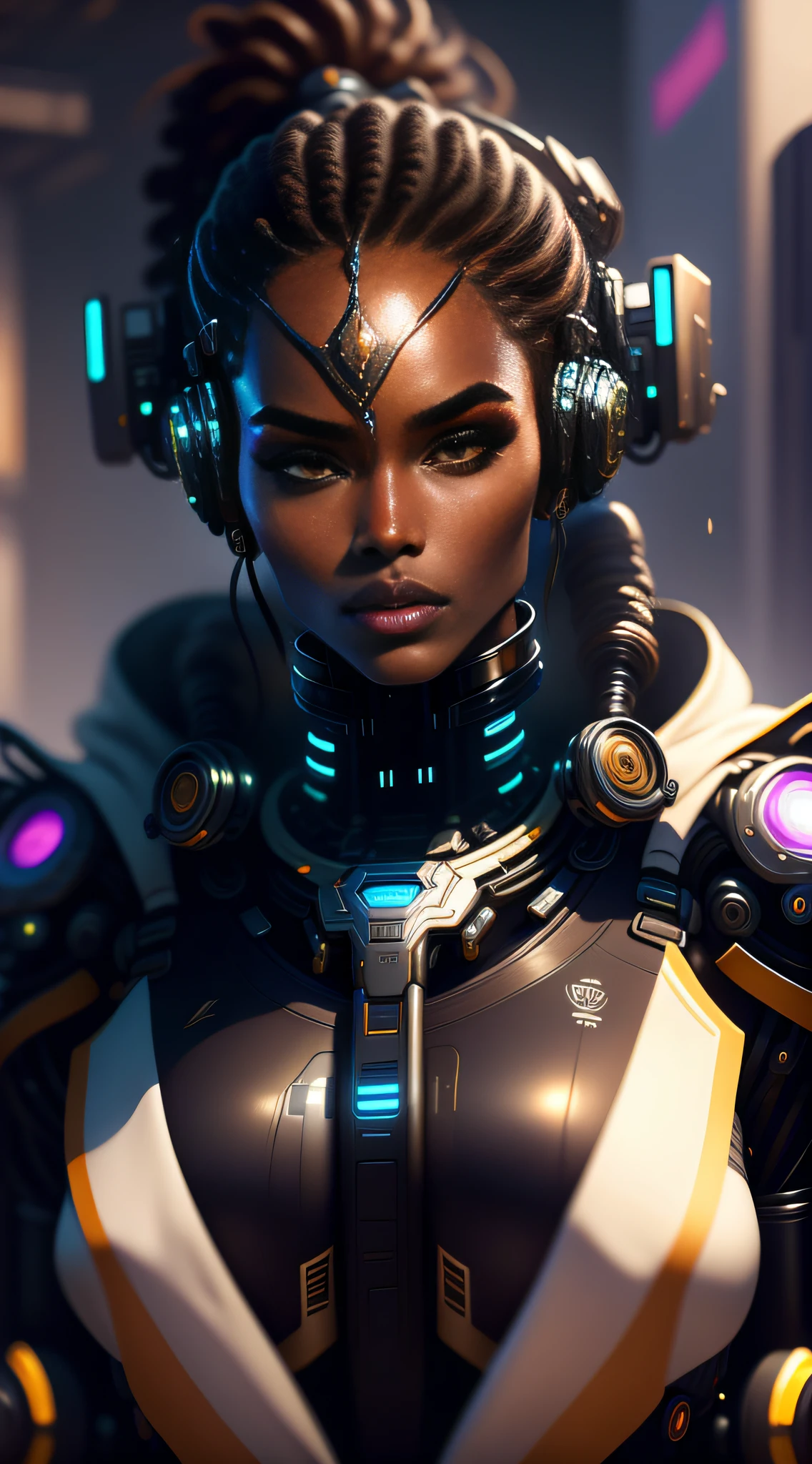 1girl, (black_background:1.1), dark skin, (cyberpunk robot:1.1), (best quality), (masterpiece), (realistic), (detailed), highly detailed skin, insanely detailed,(masterpiece), absurdres, HDR,