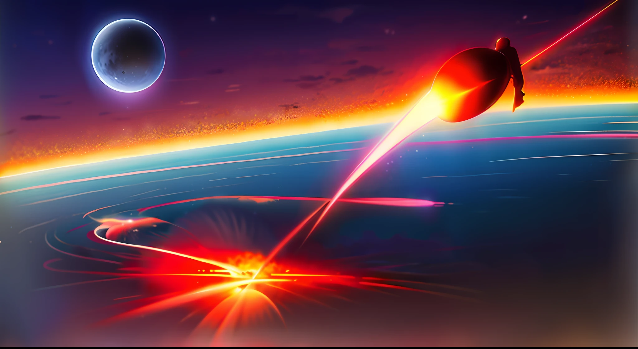 artist's impression of a man on a rocket flying over a planet, meteor impact behind a dinosaur, meteor, panspermia, by Bob Ringwood, exploding red planetoid, meteorite, accretion disk, meteors are falling from the sky, exploding planet in the background, by Alexander Fedosav, meteors, moon hitting earth, apocalyptic event, 88k, realistic, skeleton --auto --s2