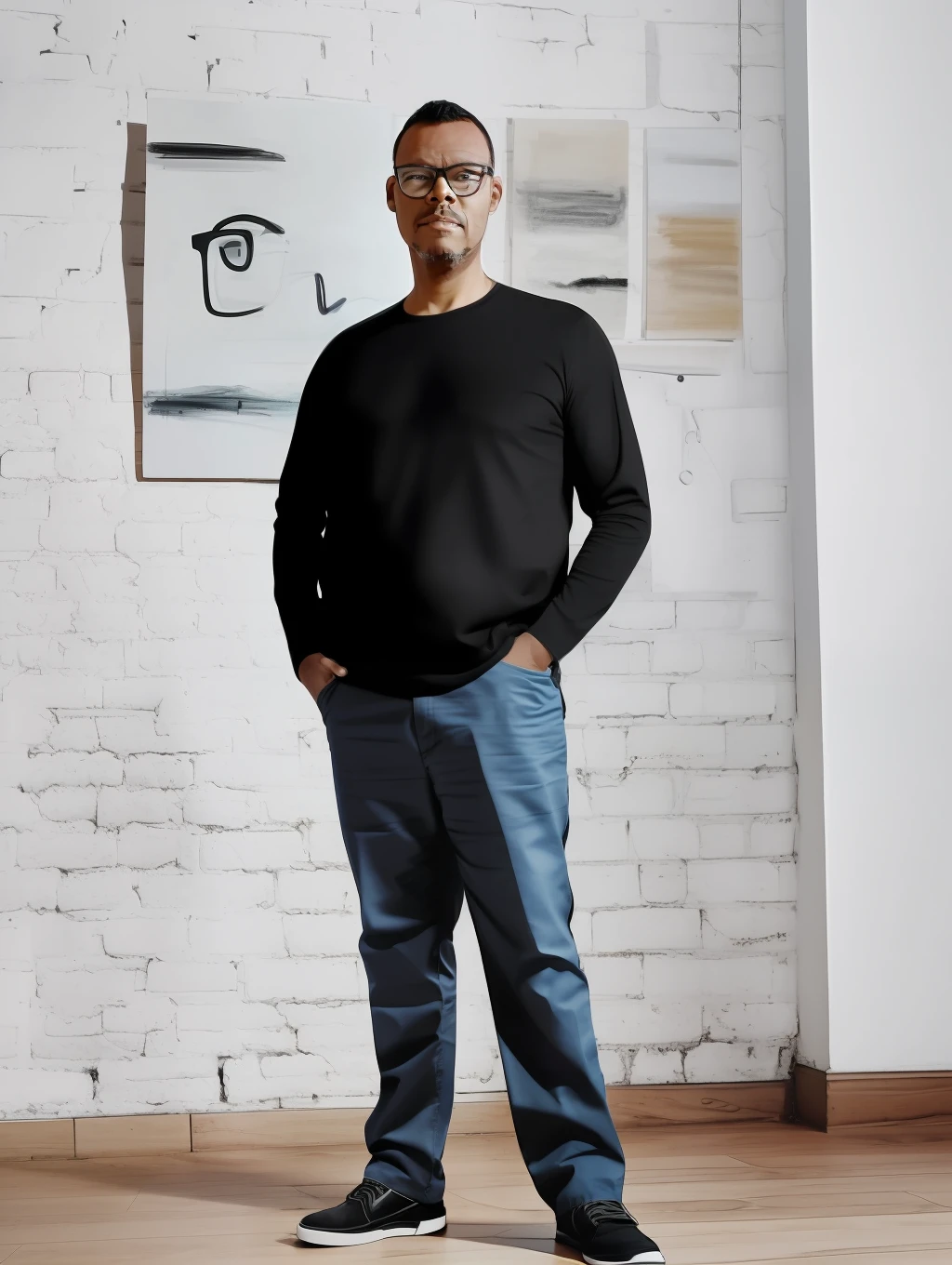 guttonerdvision5, drawing of a man with glasses, front view, looking at the camera, portrait, (minimalist: 1.3), vector, few colors, (black background: 1.3)