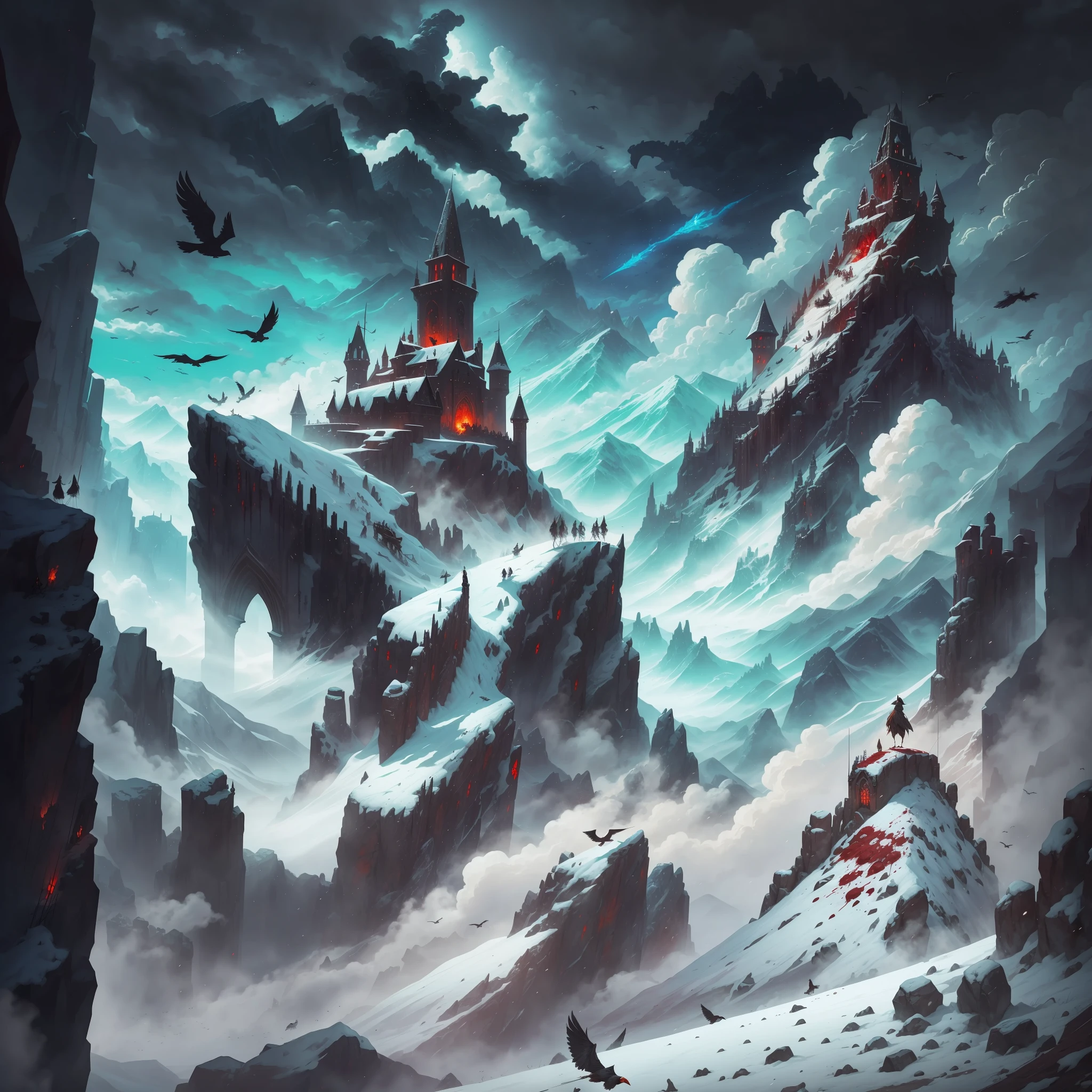A blood-filled medieval battlefield with dead demons and dead human crows soaring over the sky while a human holding a bow watches it all from a high mountain alongside a witch