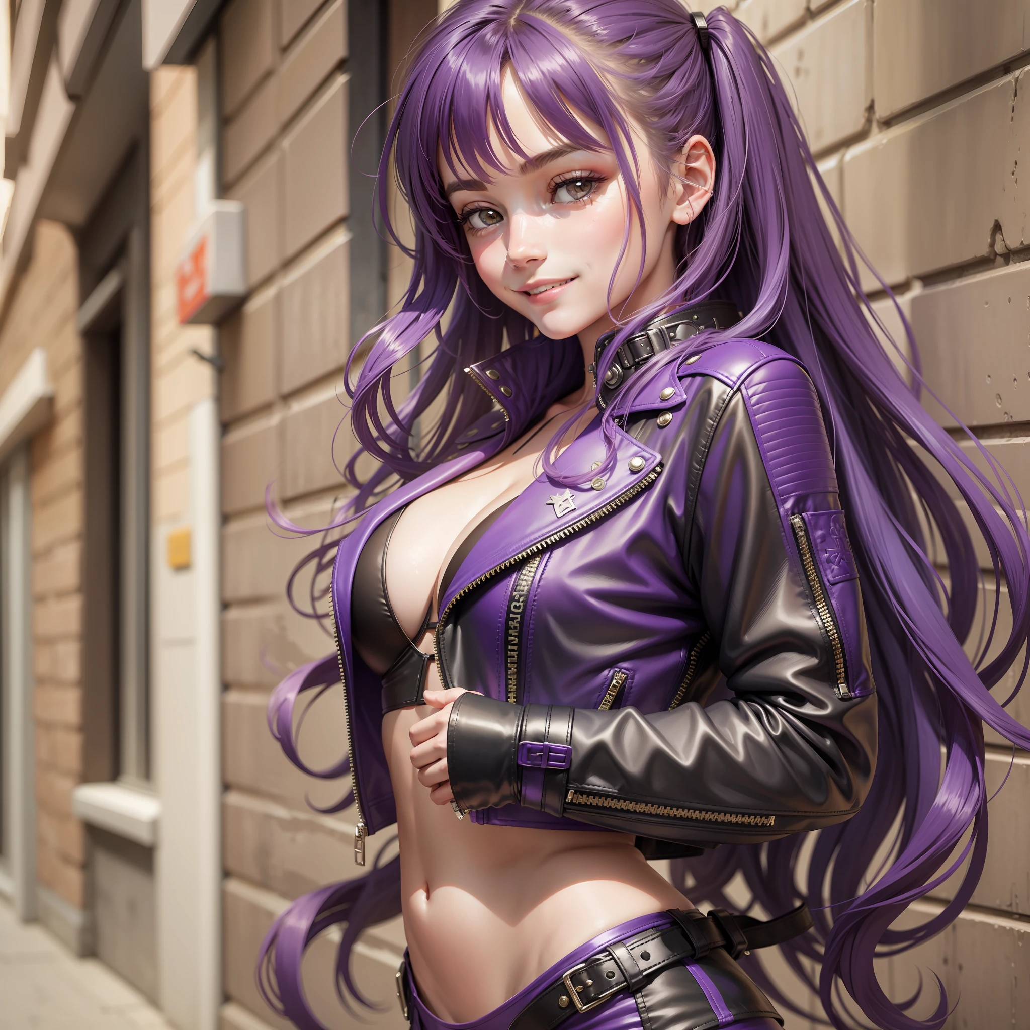 Swimsuit Bra Leather Jacket Girl Best Quality Smile Masterpiece Long Hair Purple Hair