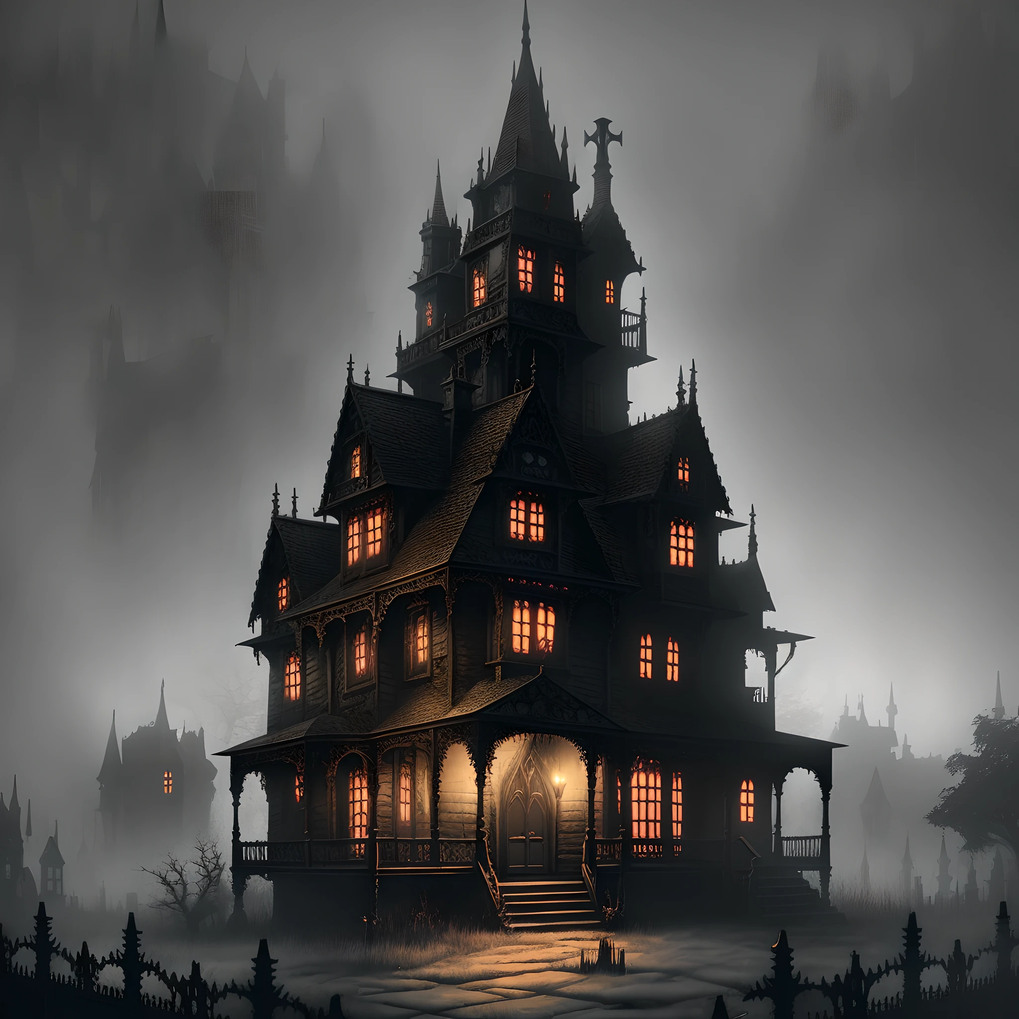 arafed house with a creepy roof and a creepy graveyard, spooky mansion, gothic mansion, haunted gothic hotel, background artwork, inspired by Andreas Rocha, ultra detailed haunted house, haunted house, eerie highly detailed, haunted house themed, victorian manor, victorian house, stefan koidl inspired, by Tomasz Jedruszek