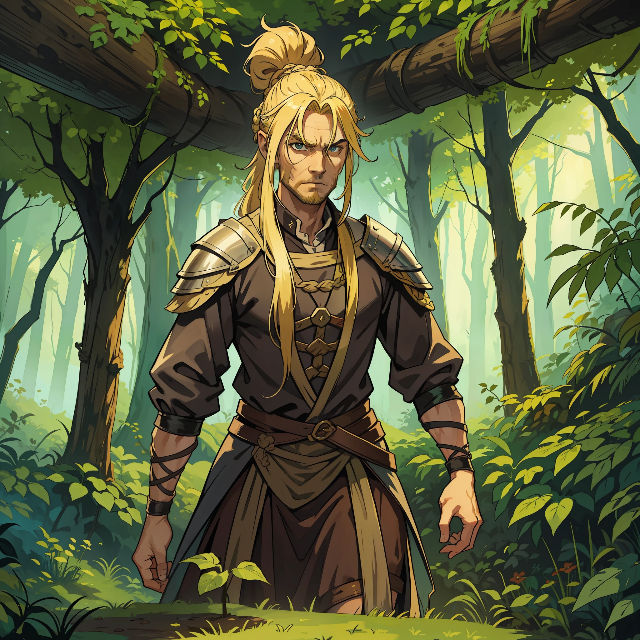 a monstrous carnivorous plant and a dirty, barbaric man with long blonde hair with his hair tied up in ponytail style he wears a medieval viking battle costume, this man is a plant expert he uses forest magic and is a skilled, skinny warrior