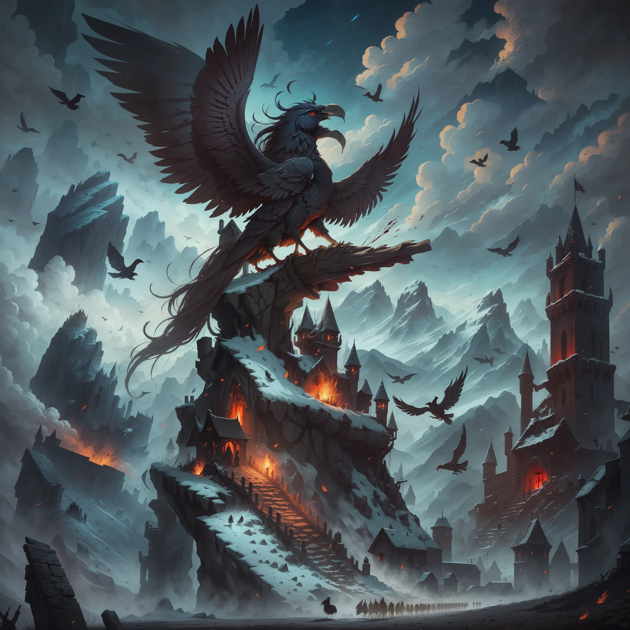 A blood-filled medieval battlefield with dead demons and dead human crows soaring over the sky while a human holding a bow watches it all from a high mountain alongside a witch