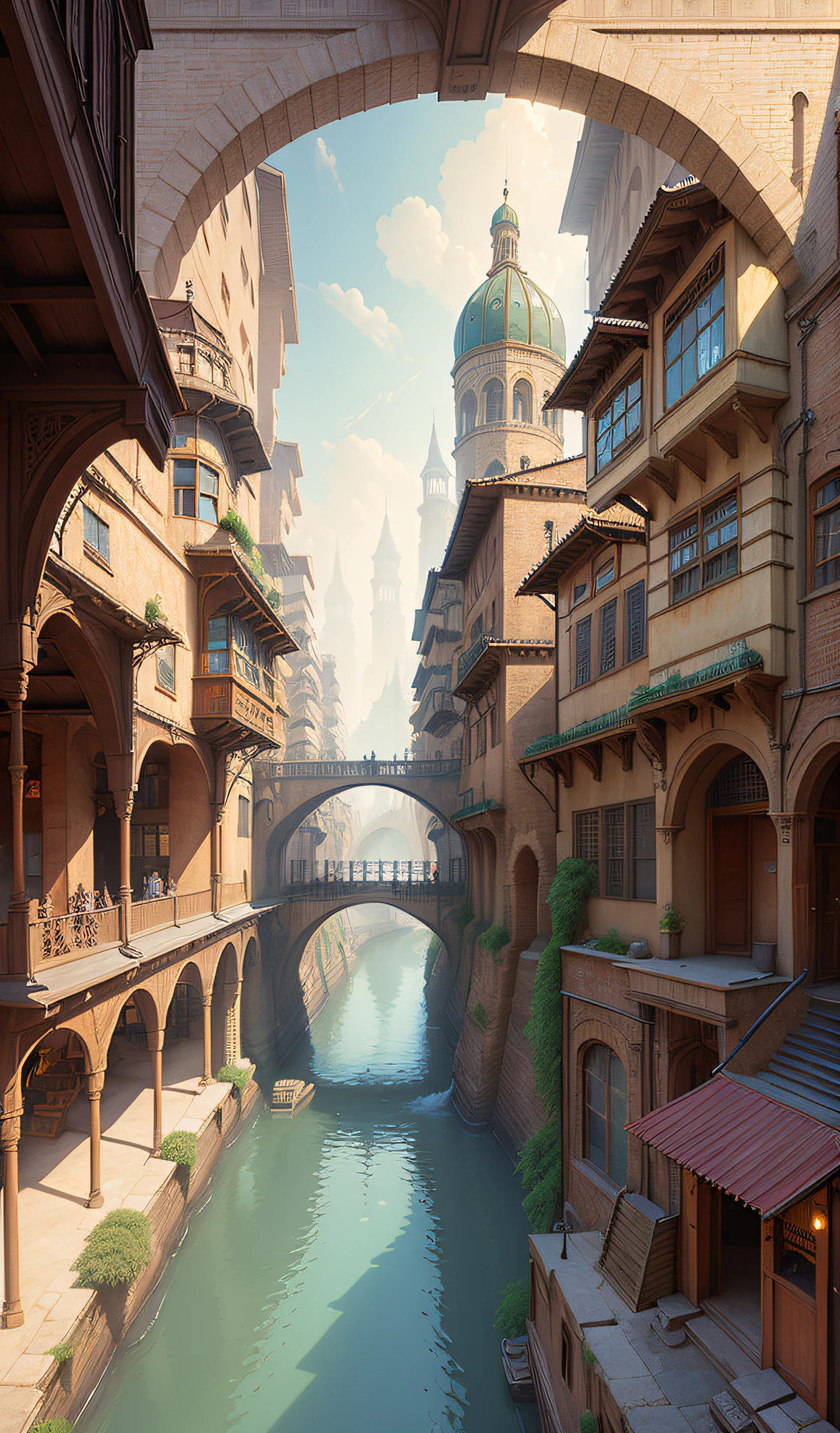 ((masterpiece)),((best quality)),((high detial)),((realistic,))
Industrial age city, deep canyons in the middle, architectural streets, bazaars, Bridges, rainy days, steampunk, European architecture
