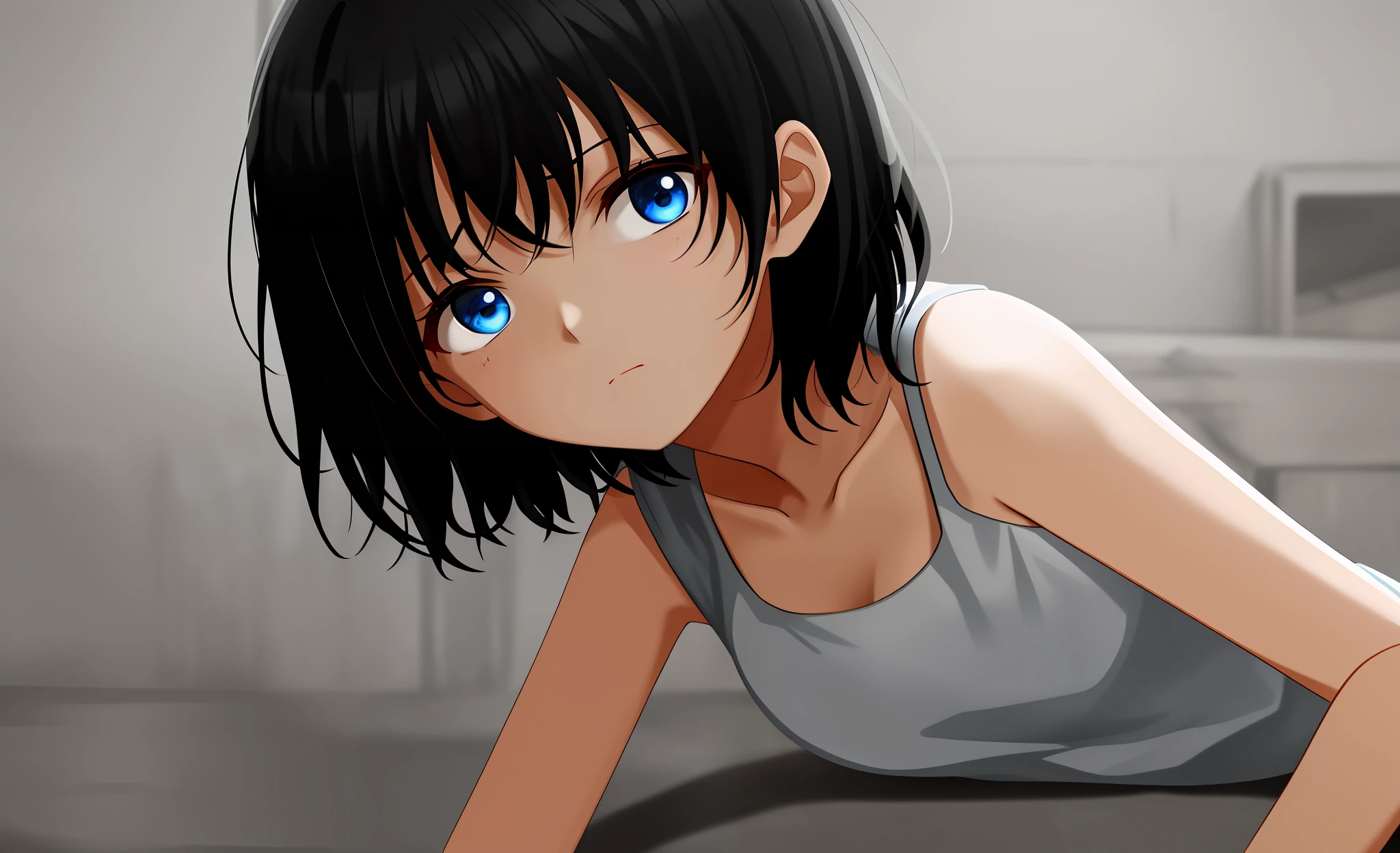 In a dark, dusty basement, a girl is getting up from the ground. She wears a simple short white dress and has short black hair and blue eyes. She doesn't look directly at the image and on her face there is an expression of weariness, adding a touch of beauty to the gloomy surroundings.