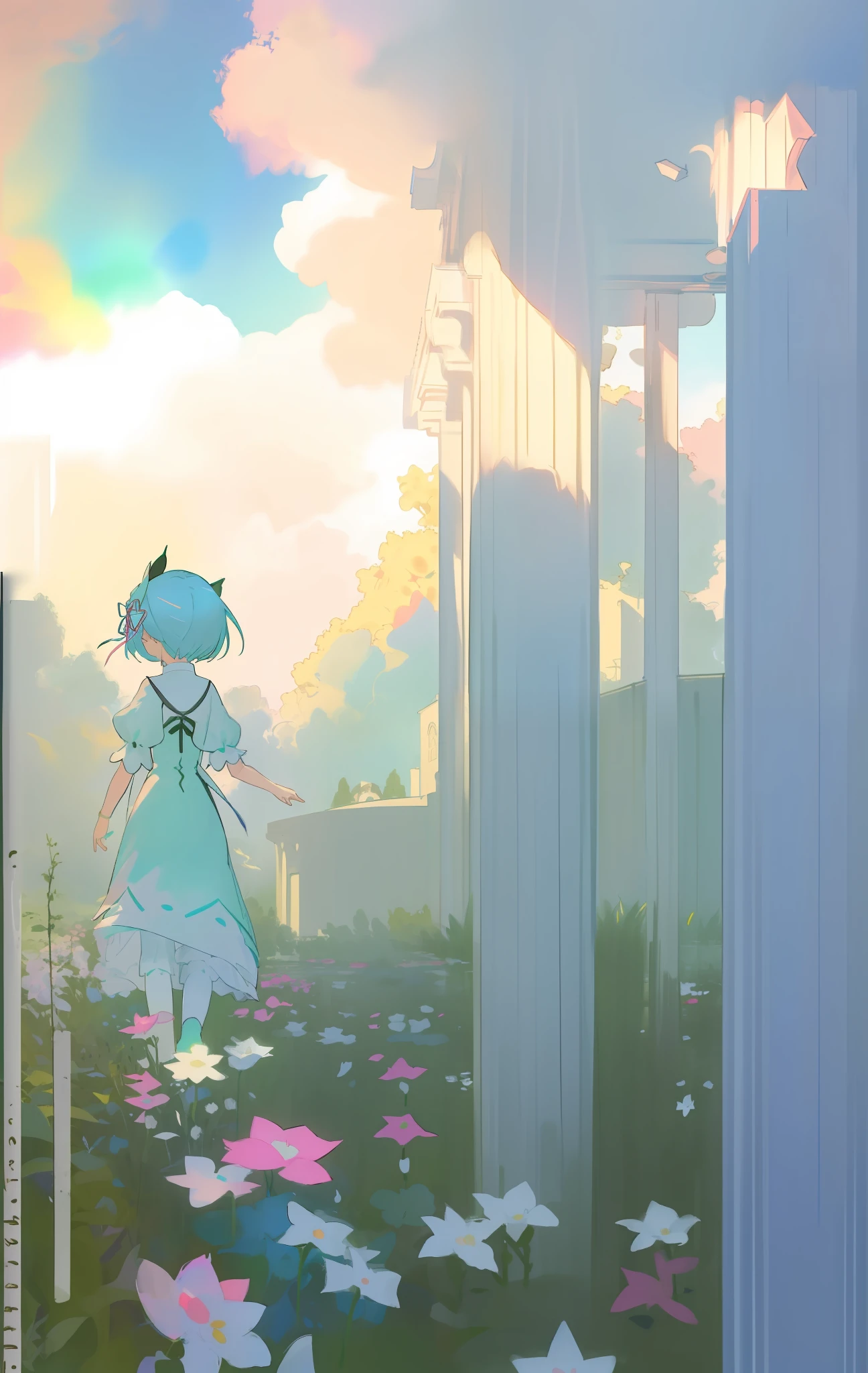 Ambiguous draft drawn with a brush, very soft, very pastel, fluffy, Rem and Ram: Rezero, Claude Monet, vividly, 2girl