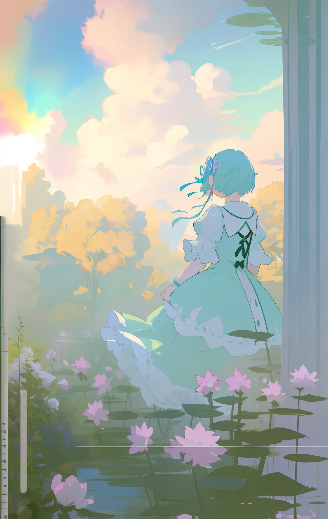 Ambiguous draft drawn with a brush, very soft, very pastel, fluffy, Rem and Ram: Rezero, Claude Monet, vividly, 2girl