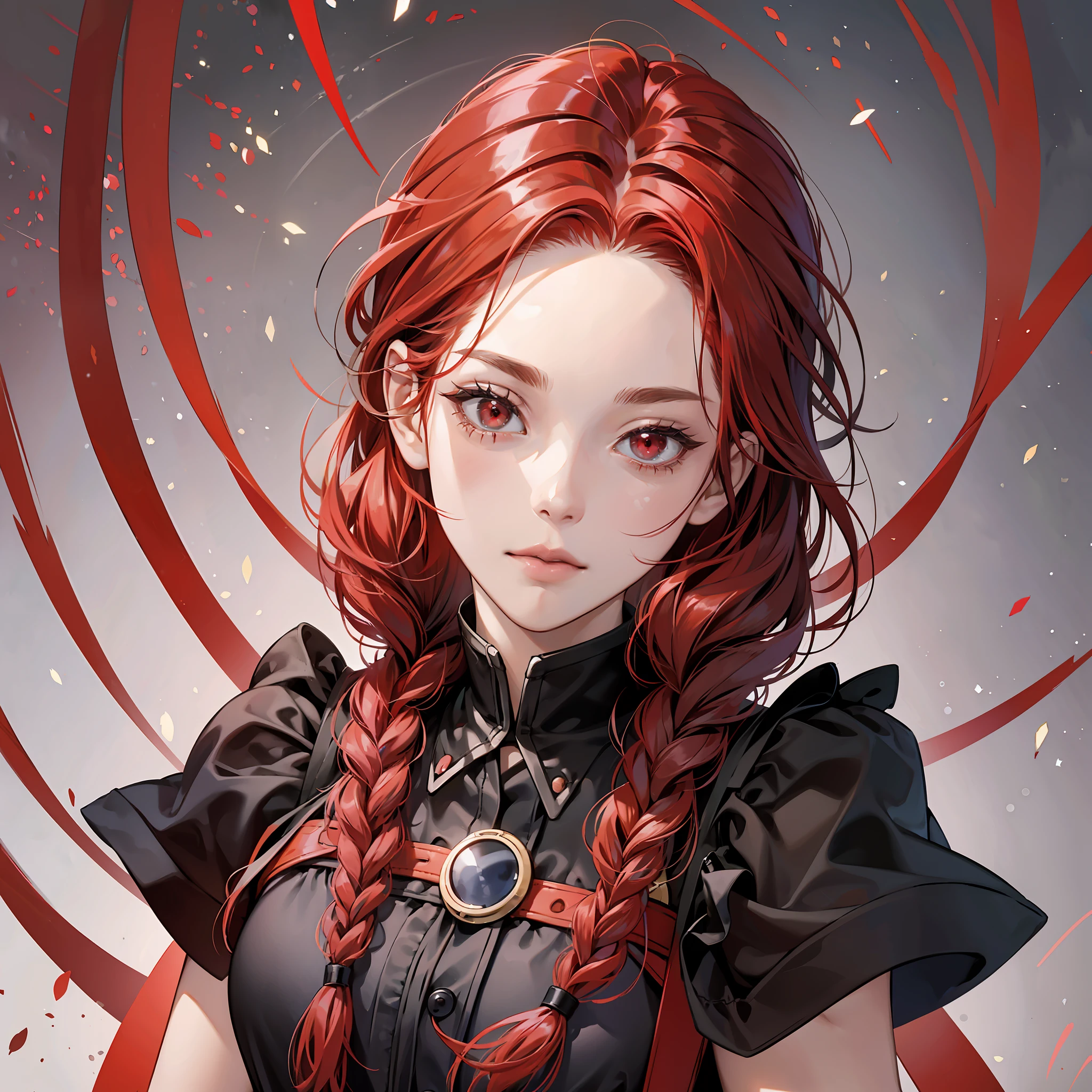 best quality, masterpiece, red hair, red eyes, red and black clothes, looking up, upper body, lock of hair, fair skin, side braids --auto --s2