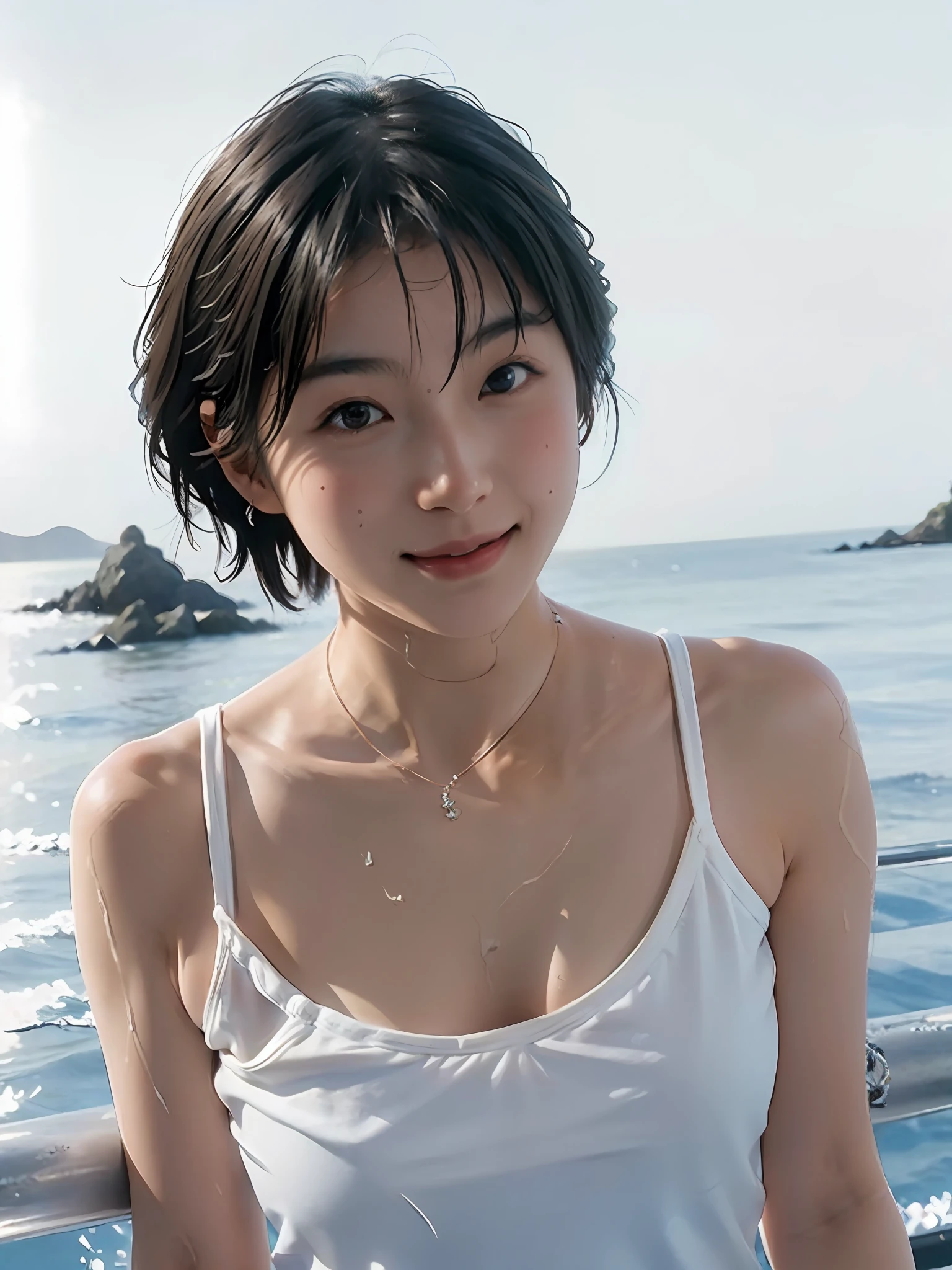 1girl, japanese, photorealistic, beautiful and detailed face, looking at viewer, simple background, solo, ocean, bikini, small breasts, tank top. sunny, summer vacation, beach, (short hair, wet), smile, cinematic lighting, movie, japanese drama, (necklace), earrings