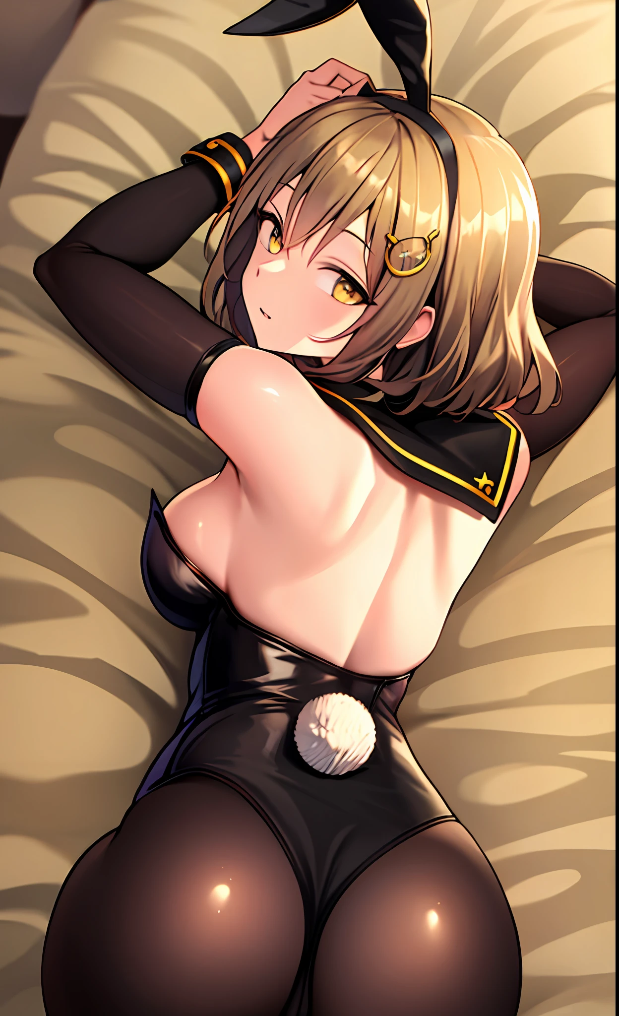 best quality, ultra detailed,,1girl, solo, nikkeani, cross-eyed, short_hair, open_mouth, big_breasts, brown_hair, hair ornament, , brown_eyes, yellow_eyes, beret, cowboy shot, (rabbit ears, playboy bunny:1.2), big booty, looking at the viewer, sexy pose, lying on the bed, turned around, lies on back, back to the top, ass up,