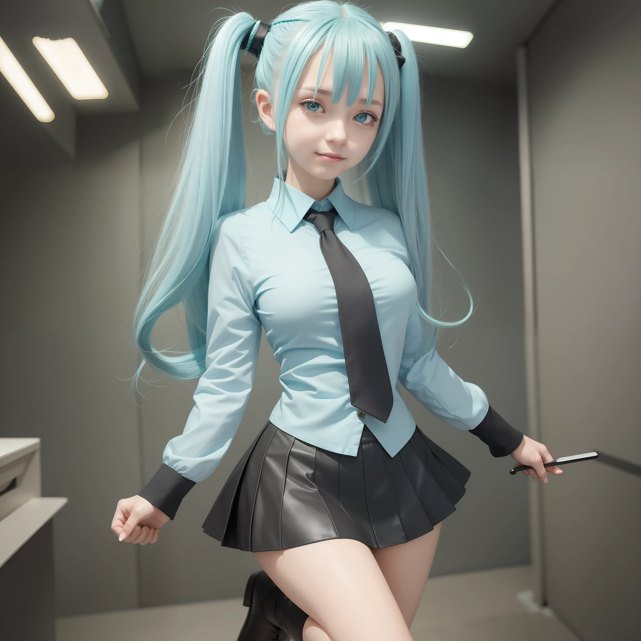 female hands, young girl, short skirt, light blue hair, bangs, twintails, long hair, green eyes, surprise, black skirt, dark grey blouse, green tie, miku hatsune, dilated pupils, latex boots, cinematic lighting, smile, closed mouth, green details on clothing, artwork, best quality --auto --s2