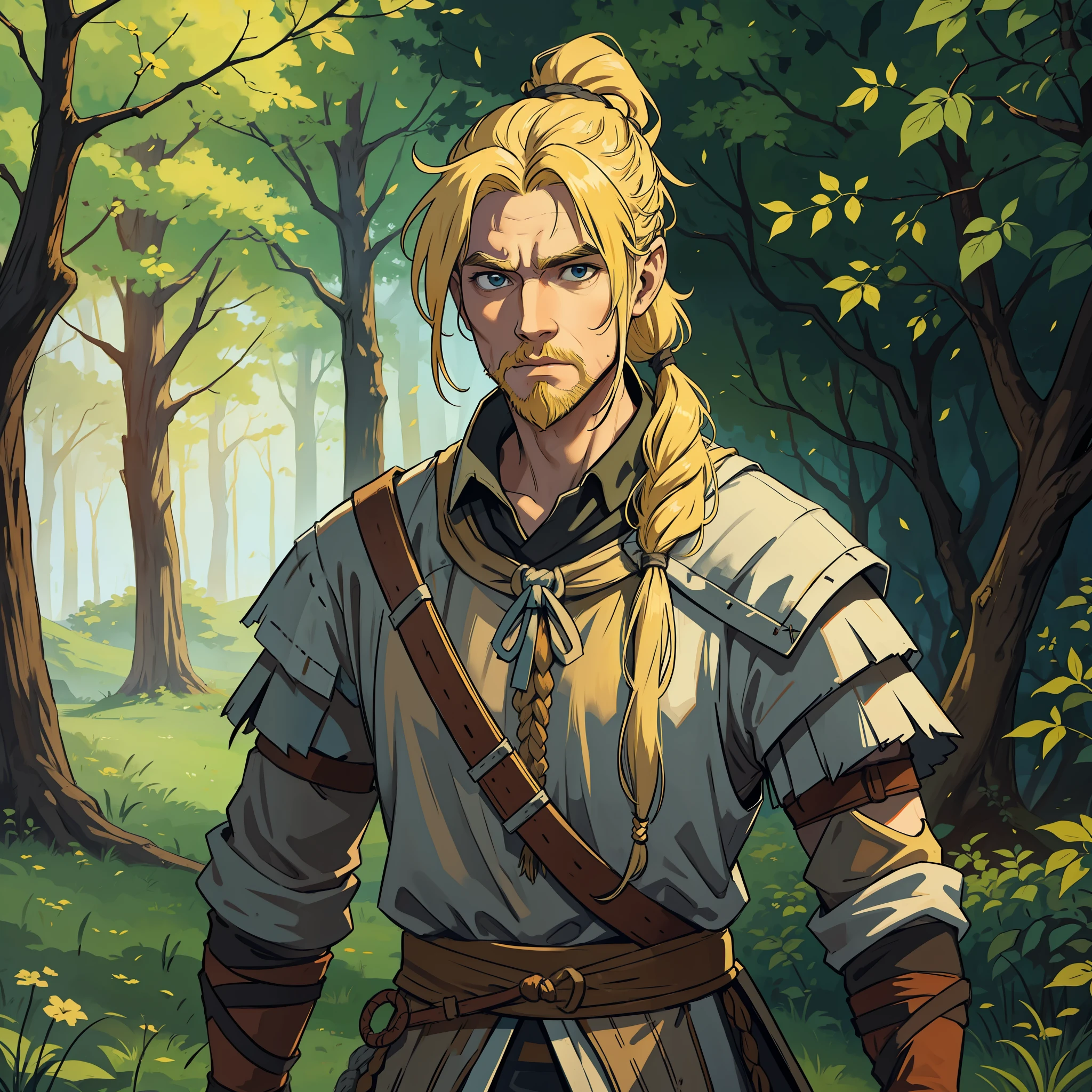 A dirty and barbaric man with long blonde hair with hair tied up ponytail style he wears a medieval Viking battle costume, this man is a plant expert he uses forest magic and is a skilled, skinny warrior