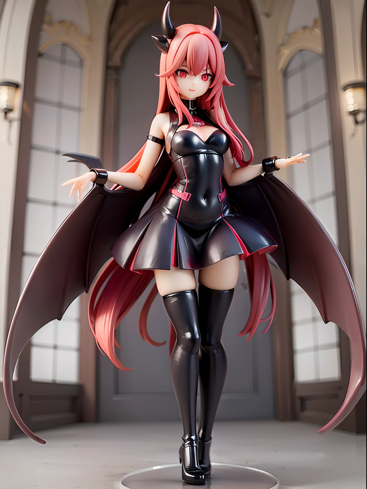 girl, devil, demon wings, devil's tail, red eyes, beautiful appearance, full body black tights,