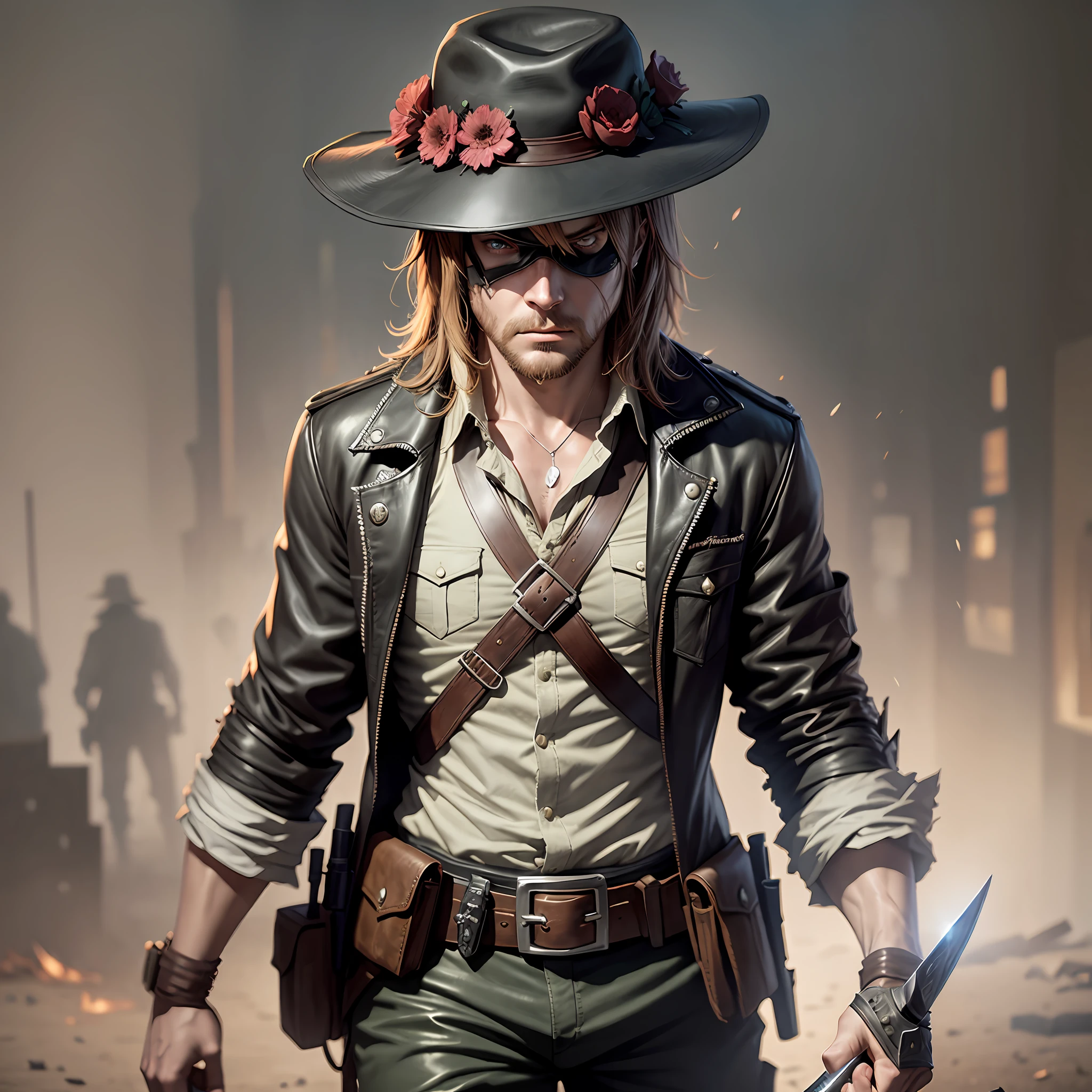 Chandler Carlton Riggs With cherife hat (top quality, 8k) (realistic) a sword on his back, an eye patch on the right side of his face (The walking dead) a furious look bloodstained clothes some zombies coming in the background --auto --s2