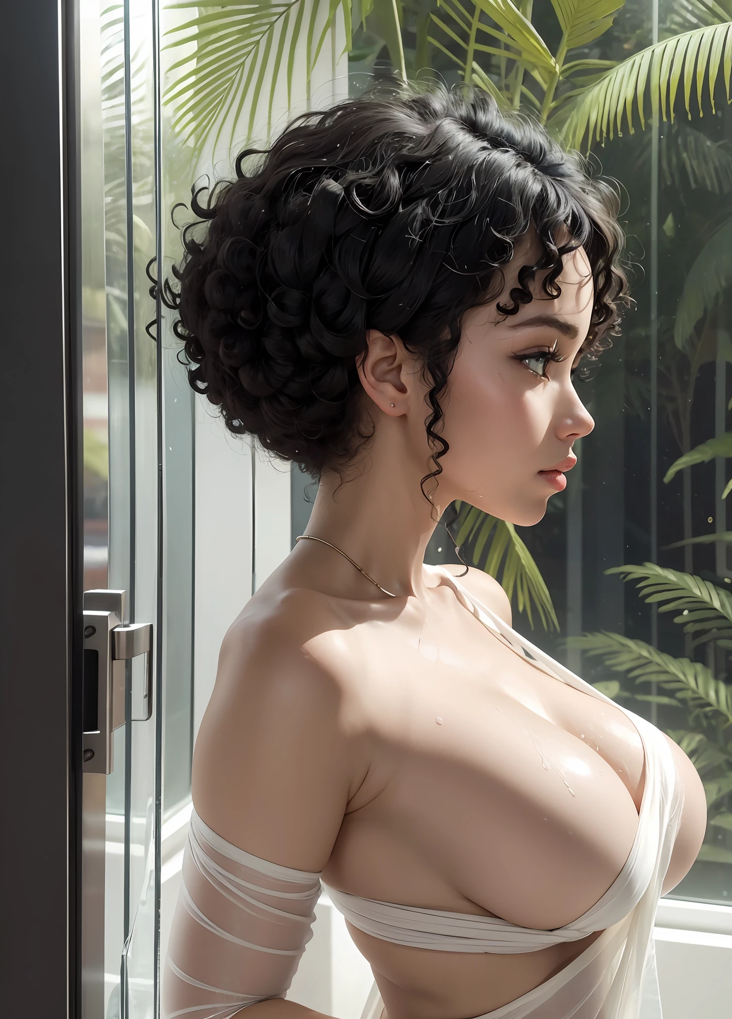 A beautiful woman looks through the window of a futuristic room in the futuristic spacecraft at the jungle in the distance. The woman has (white skin), pale skin, juicy lips, large green eyes (afro curly black hair). His face is close to the glass, his hands resting against the glass. You can see the fatigue on the face. face in profile, Profile photo, shoulder frame. Perfect hands,wrapped in a sheet, She is naked, wet skin. The interior of the futuristic ship is white and black. Bright morning light