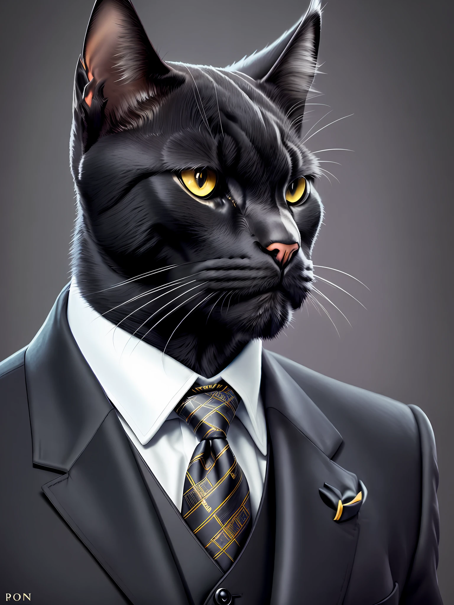 "Portrait of a masterpiece den of an elegant black cat wearing suit and tie; epic and elegant portrait of an anthropomorphic cat in a dark suit with high-quality lighting."