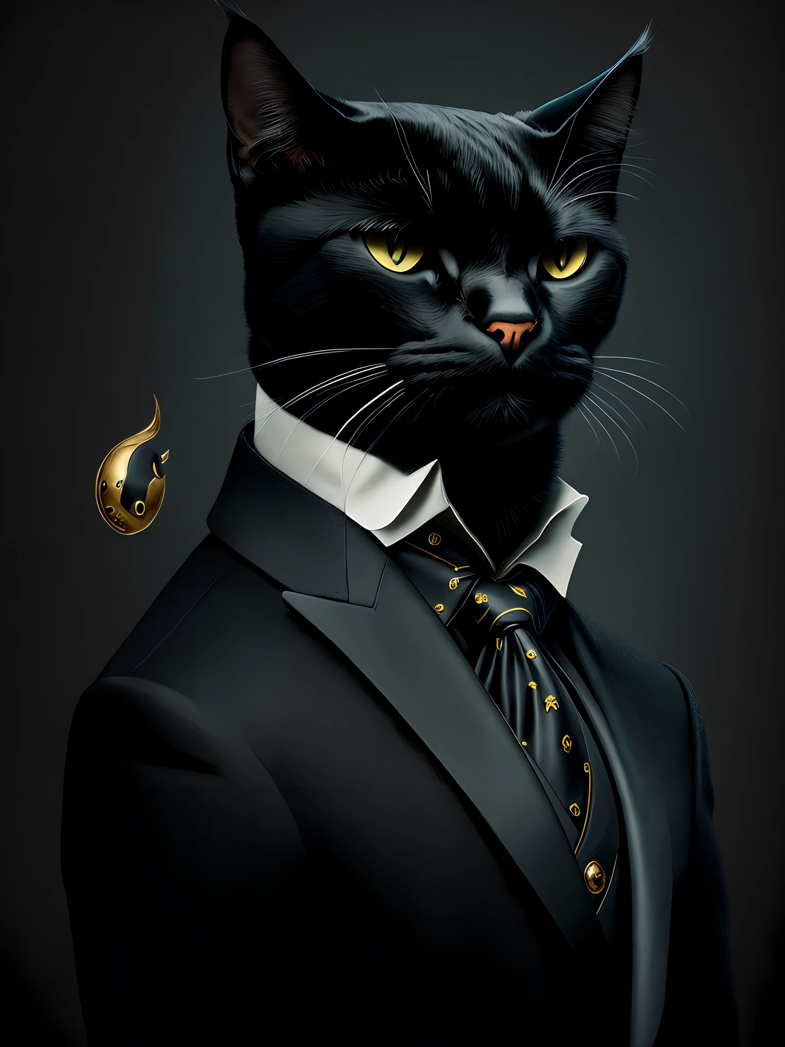 "Portrait of a masterpiece den of an elegant black cat wearing suit and tie; epic and elegant portrait of an anthropomorphic cat in a dark suit with high-quality lighting."